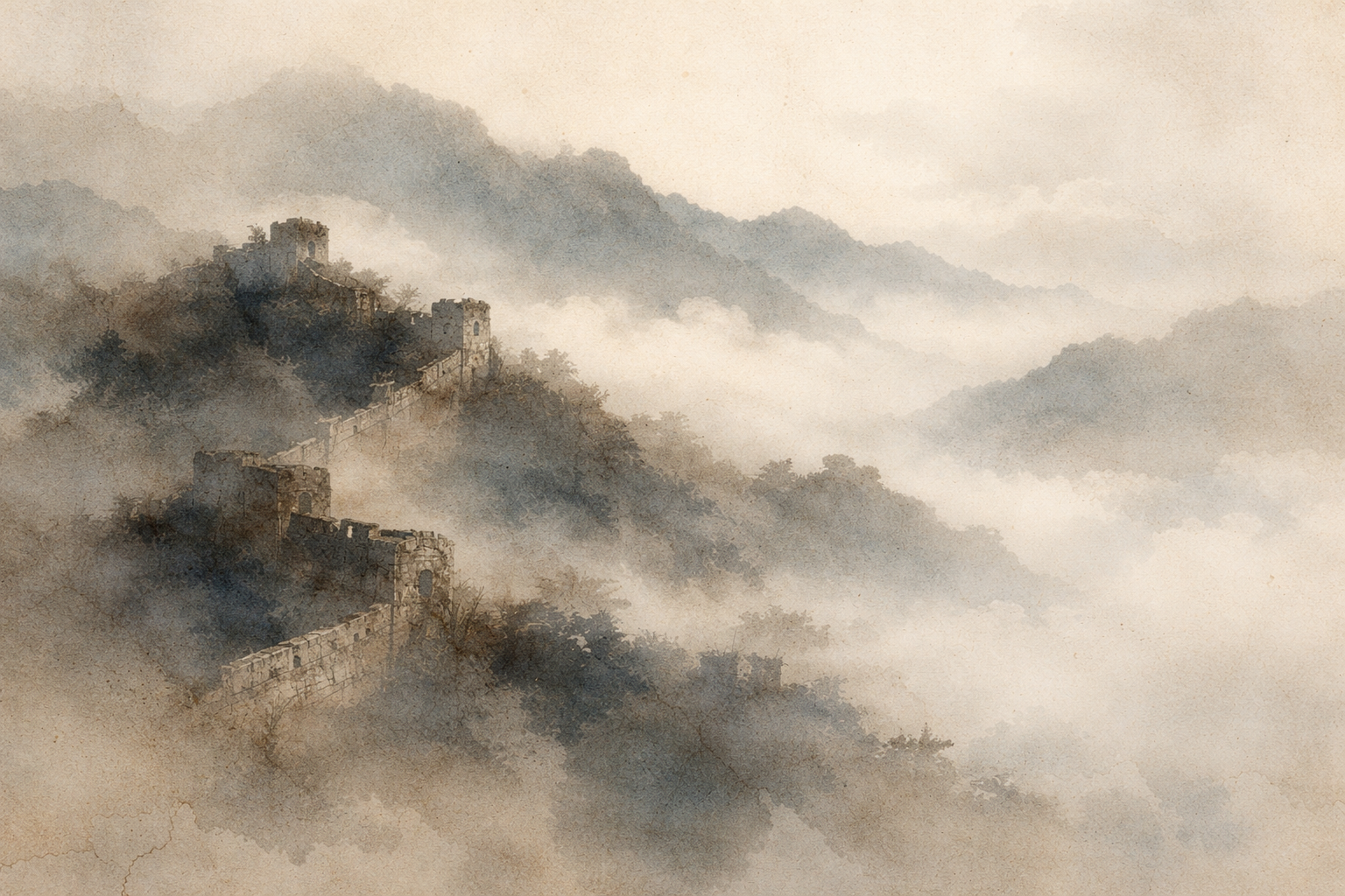 Ancient walls stretching across misty mountains, symbolizing Central Asia’s historic trade routes where Buddhism once flourished before gradually fading from the region.