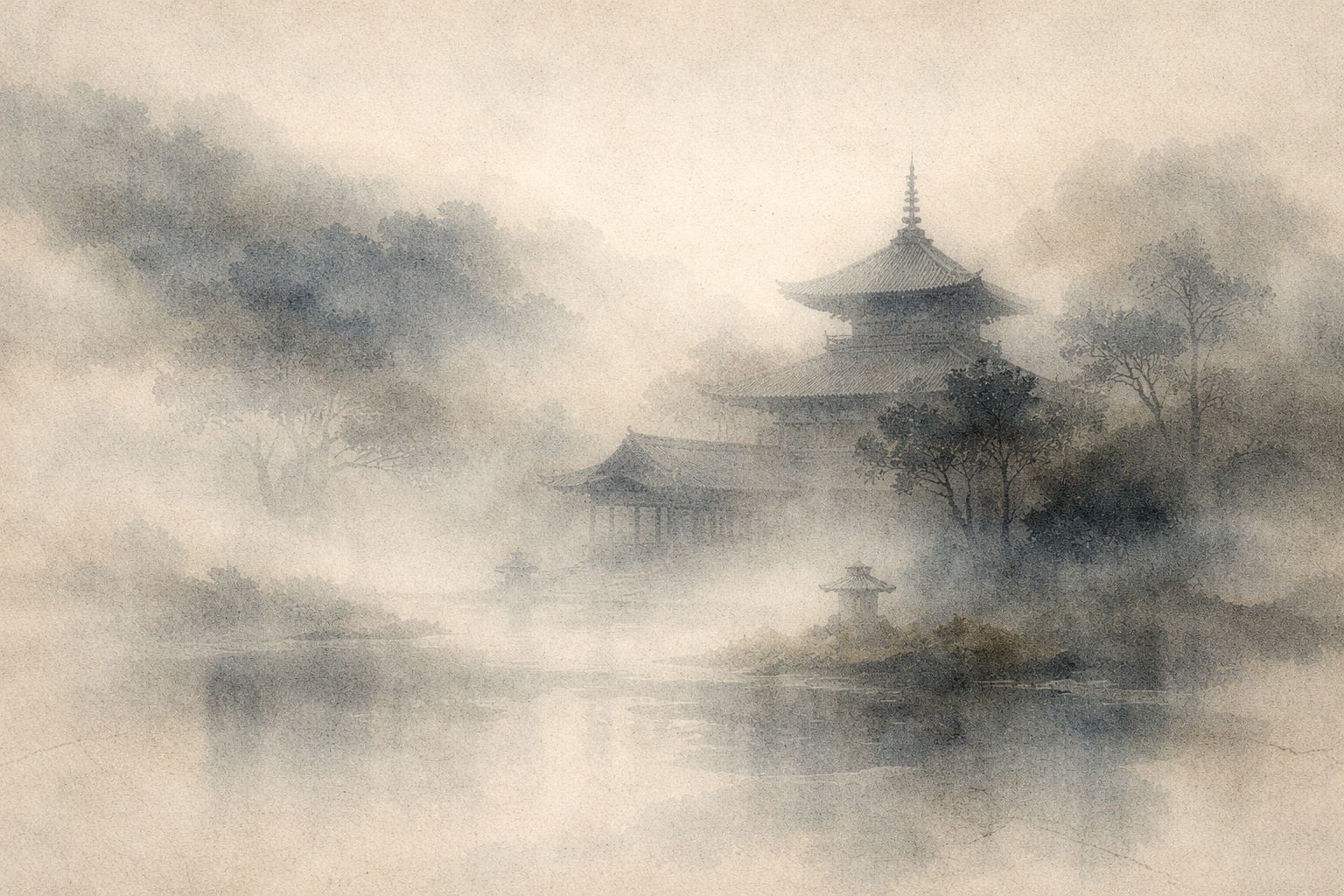 霧に包まれた日本の寺院の塔が静かな水面に映る風景。日本における仏教の発展を形づくった重要な歴史的転換点を象徴している。