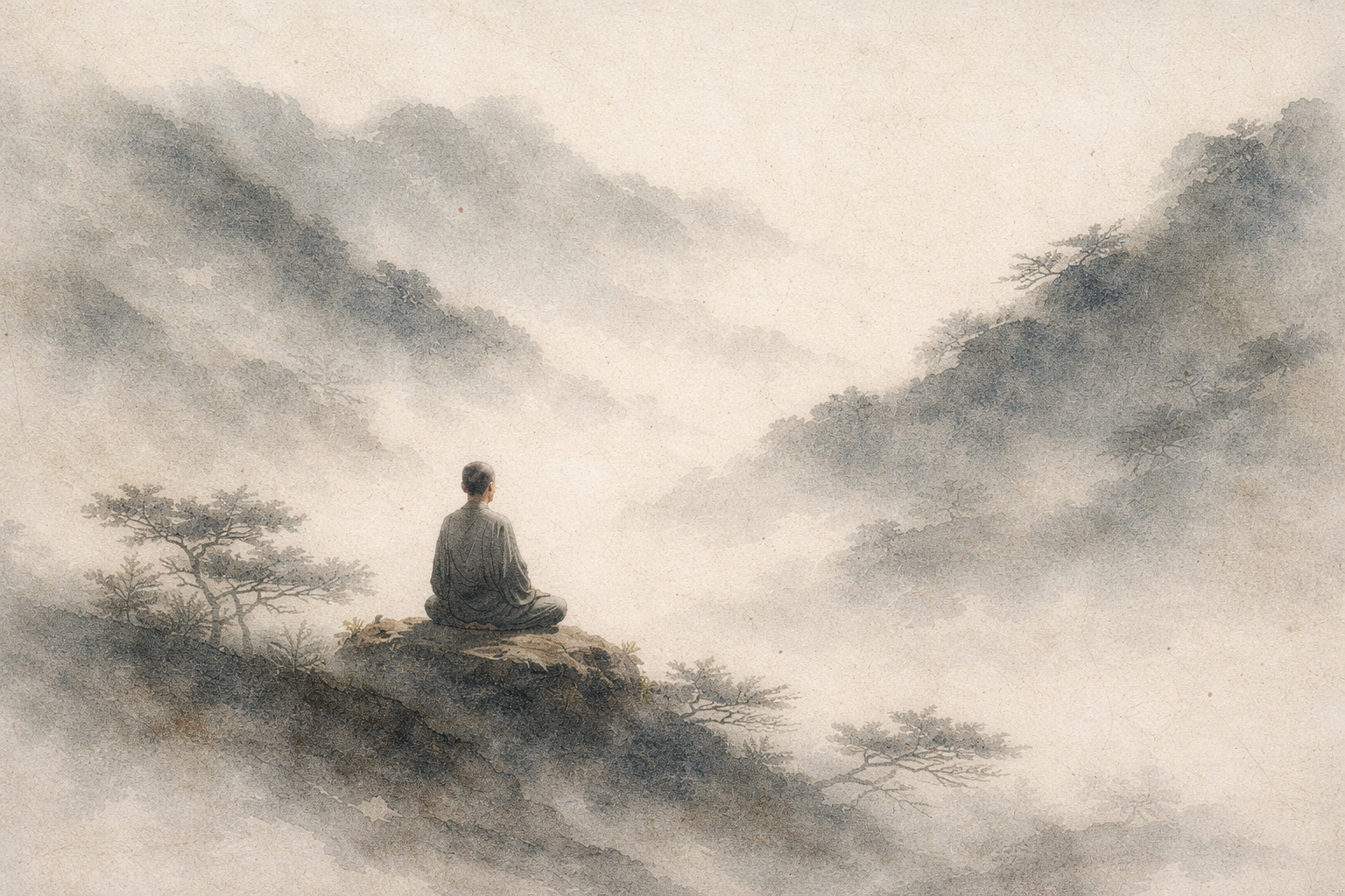Person meditating on a rocky cliff overlooking misty mountains, symbolizing the simplicity and clarity of Buddhism’s core teachings.
