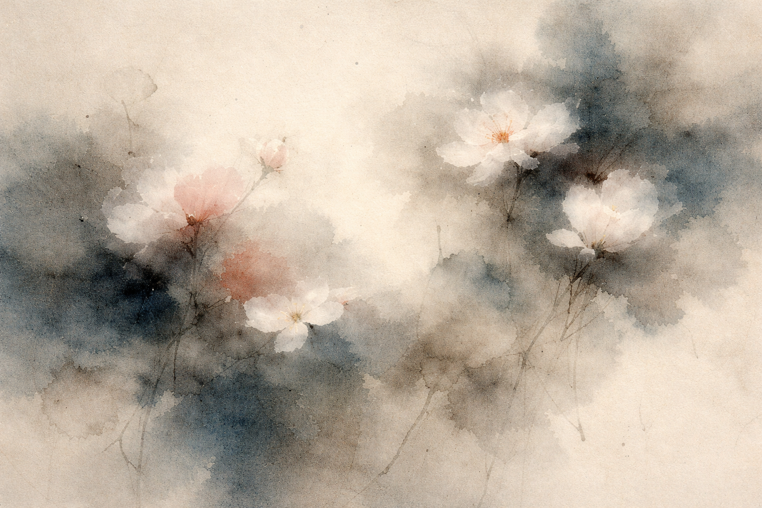 霧のような色調の中に柔らかく咲く花々。仏教思想が広がり、ヘレニズム世界と出会った文化的交流を象徴している。