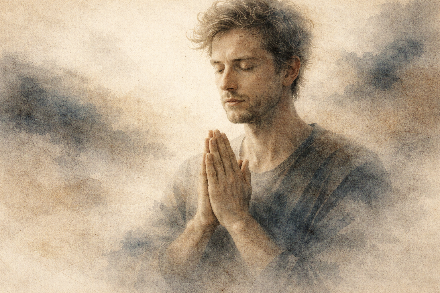 A watercolor-style portrait of a man with eyes closed and hands pressed together in prayer, symbolizing spiritual reflection and the comparison of different religious paths such as Buddhism and Christianity.
