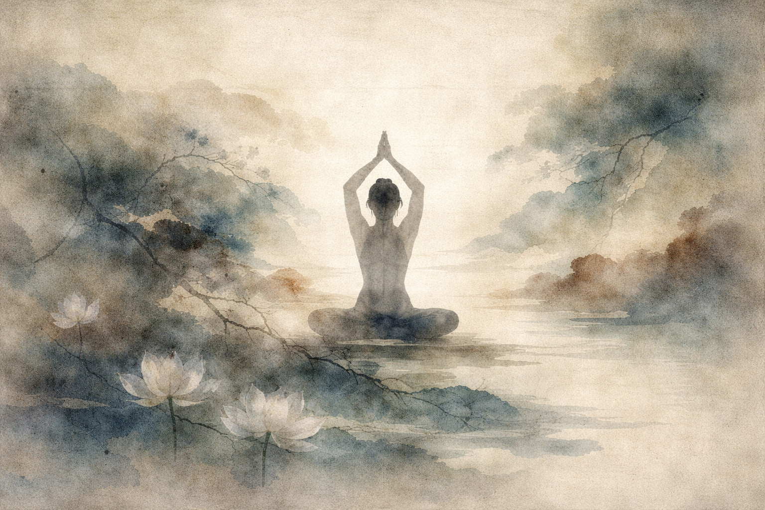 A serene figure seated in meditation with hands raised in a symbolic gesture, surrounded by lotus flowers in a misty landscape, illustrating the meaning of Buddhist hand gestures (mudras).
