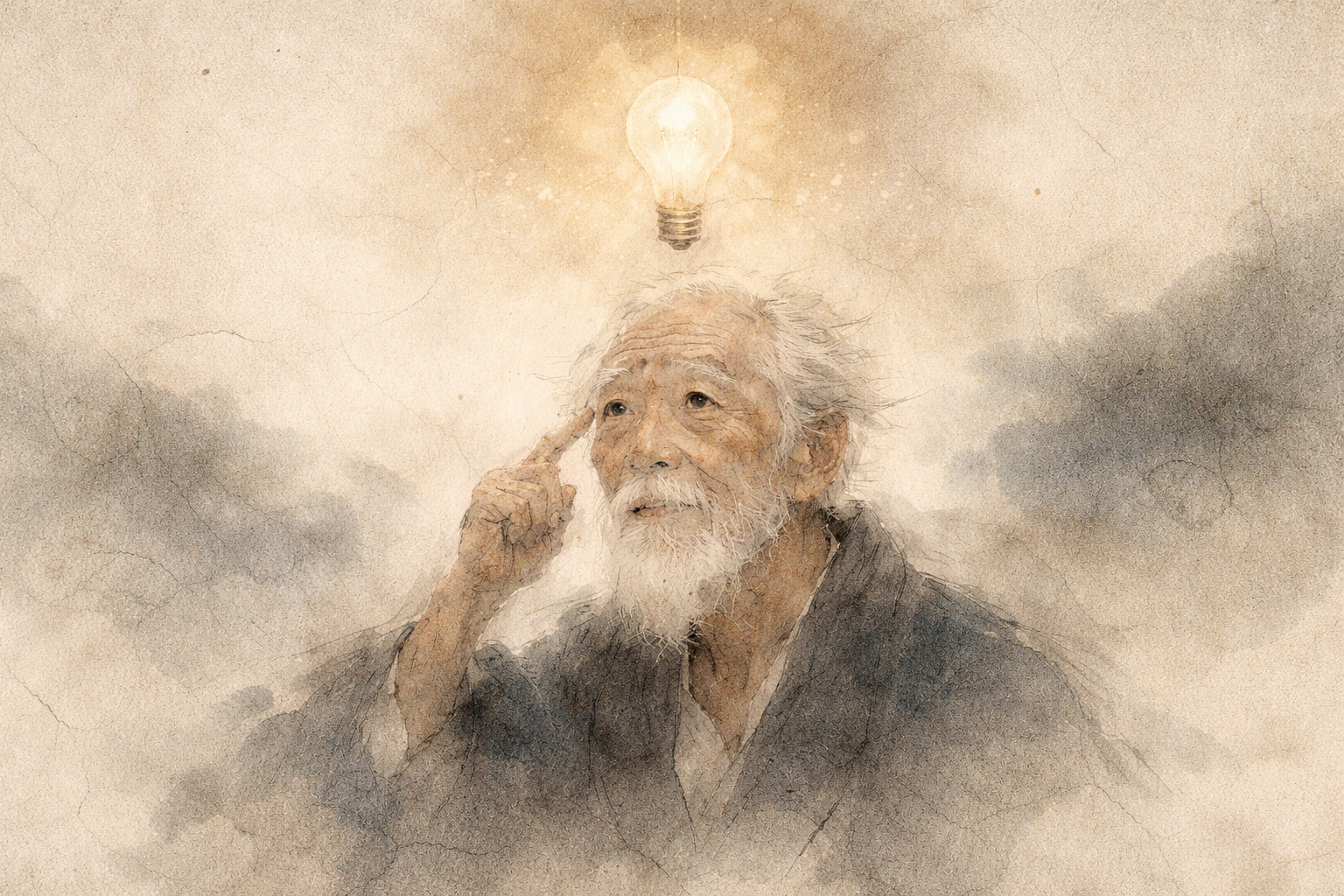 A watercolor-style illustration of an elderly Buddhist monk thoughtfully touching his temple, with a glowing light bulb above his head symbolizing insight and understanding of Buddhist philosophy.