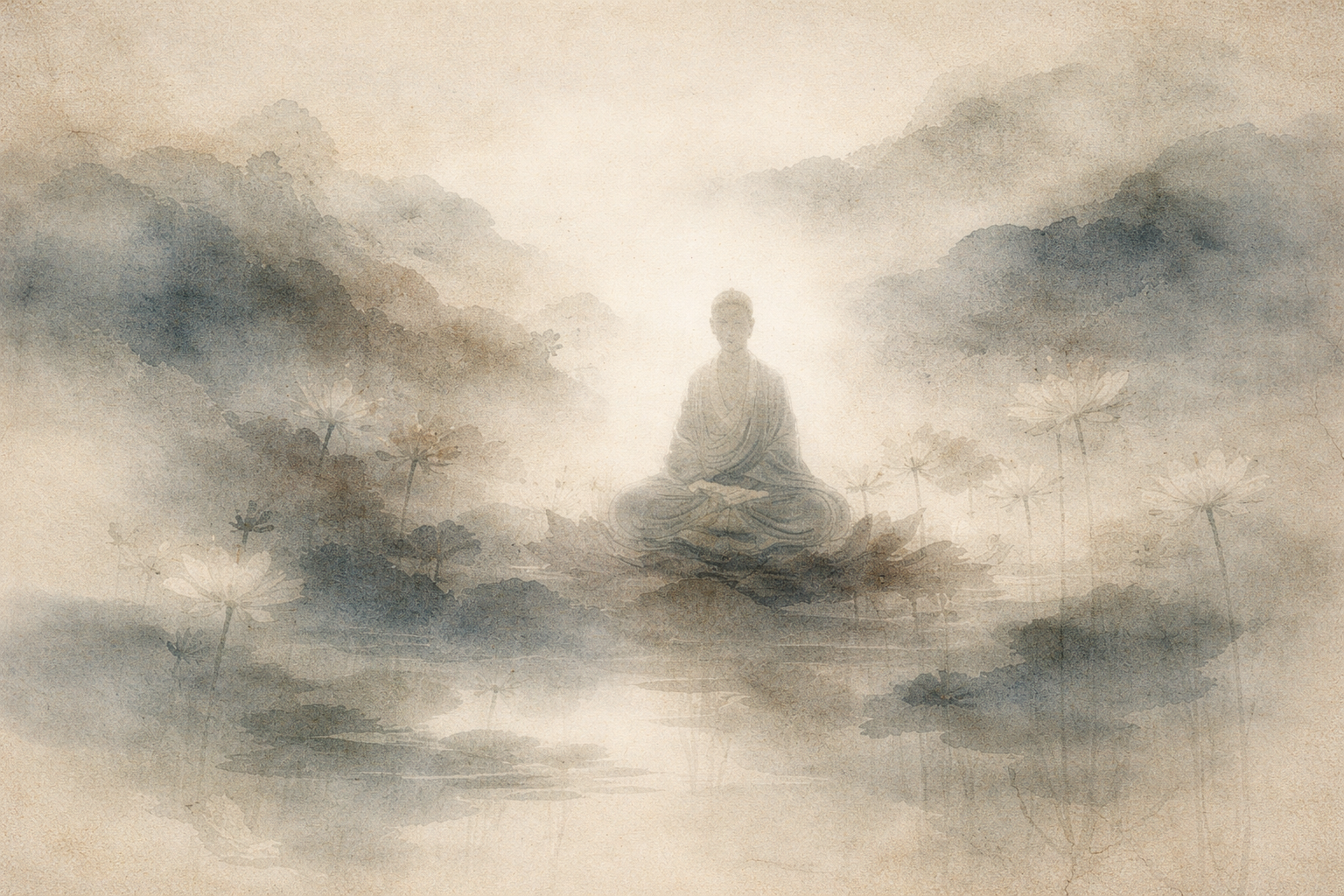 A serene Buddha figure meditating in a misty landscape surrounded by lotus flowers, representing the calm focus and spiritual practice associated with Buddhist prayer beads (mala).