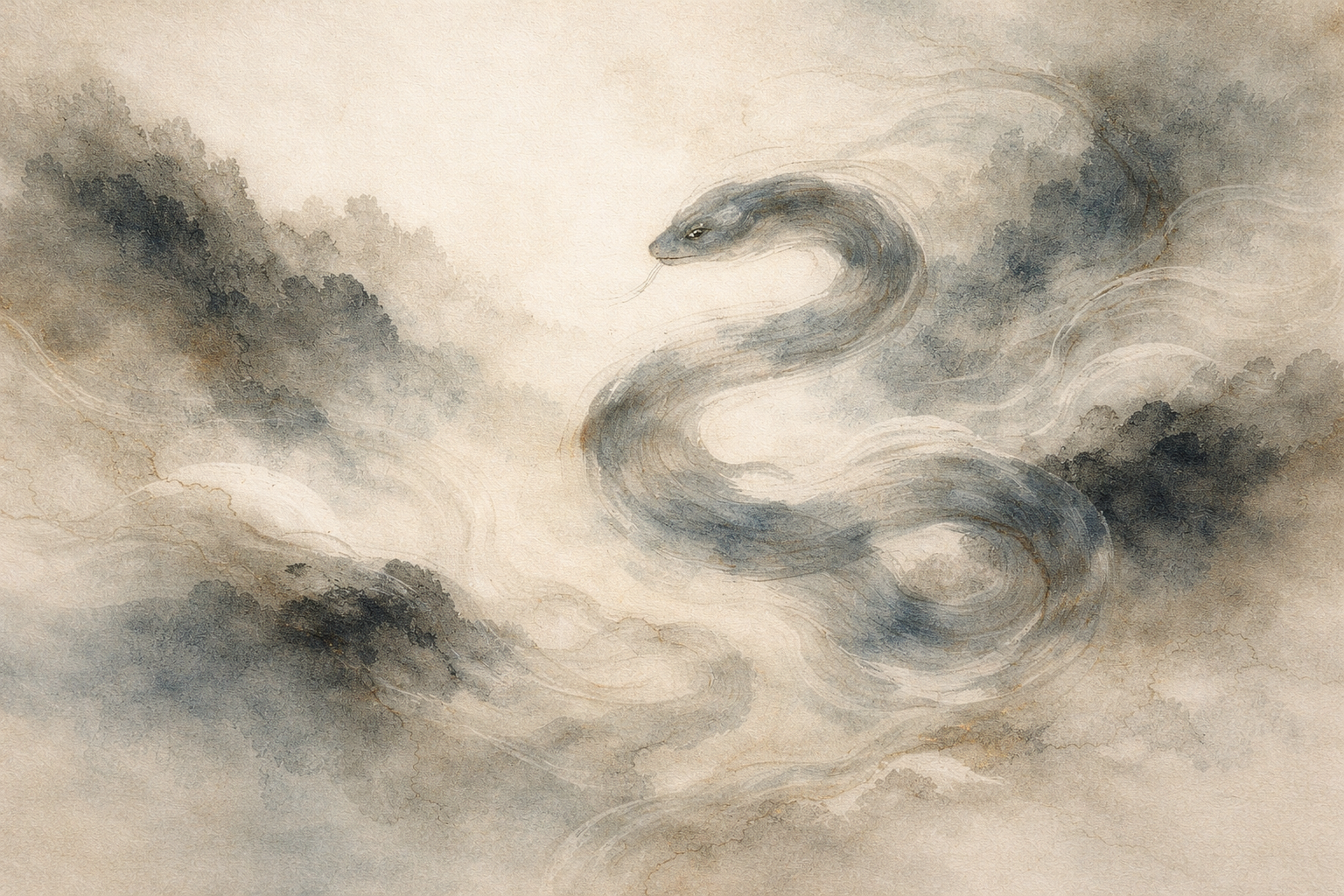 A misty landscape with a symbolic serpent emerging from swirling clouds, representing the mysterious and layered meanings behind many traditional Buddhist symbols.