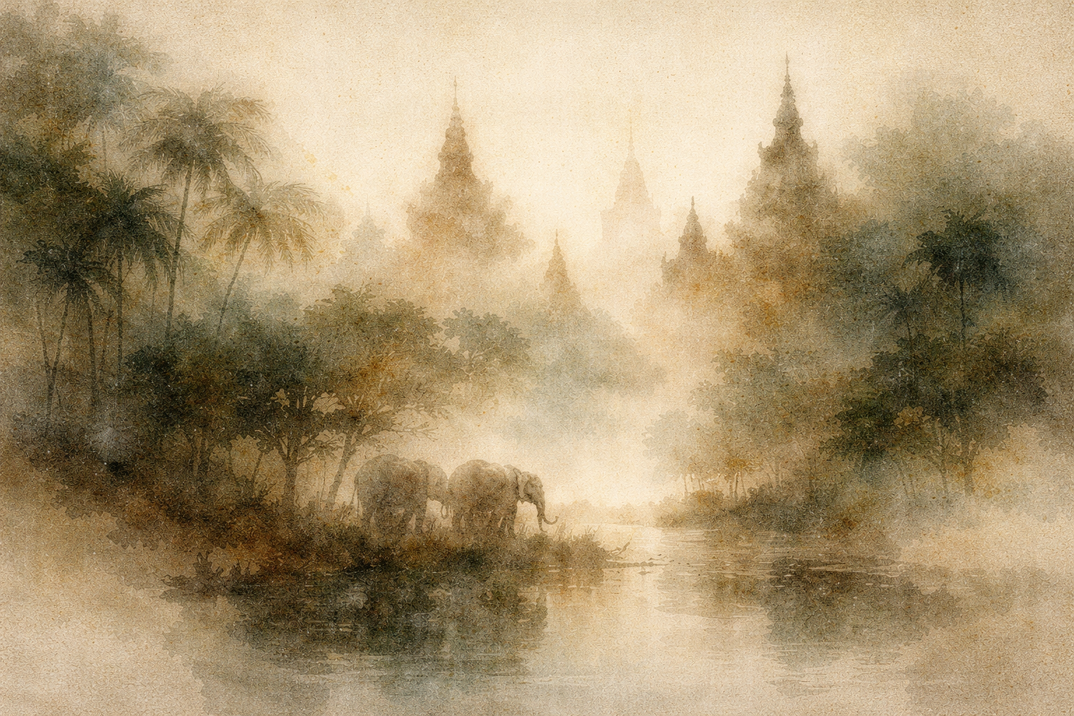 A misty landscape with temple spires rising above trees and elephants walking near a calm river, evoking the peaceful setting and architectural beauty of traditional Buddhist temples.