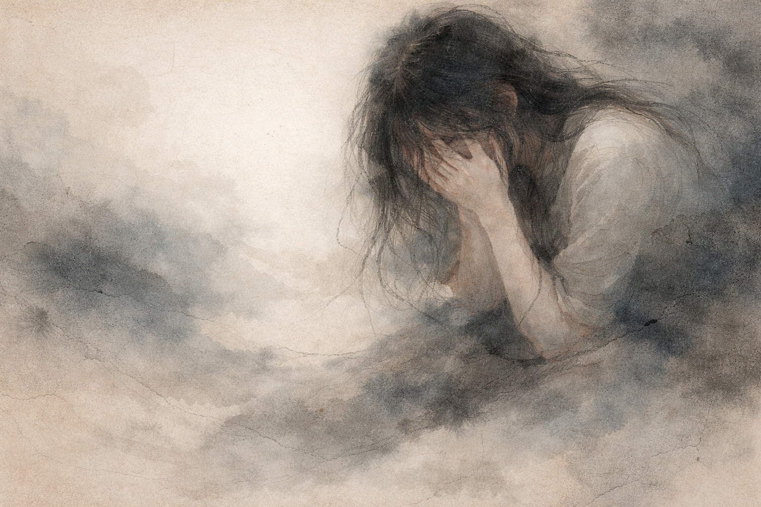 灰色の霧に包まれ、両手で顔を覆って座る女性を描いた柔らかな水彩画。心の不安や落ち込み、そして仏教の実践を通して安らぎを求める姿を象徴している。