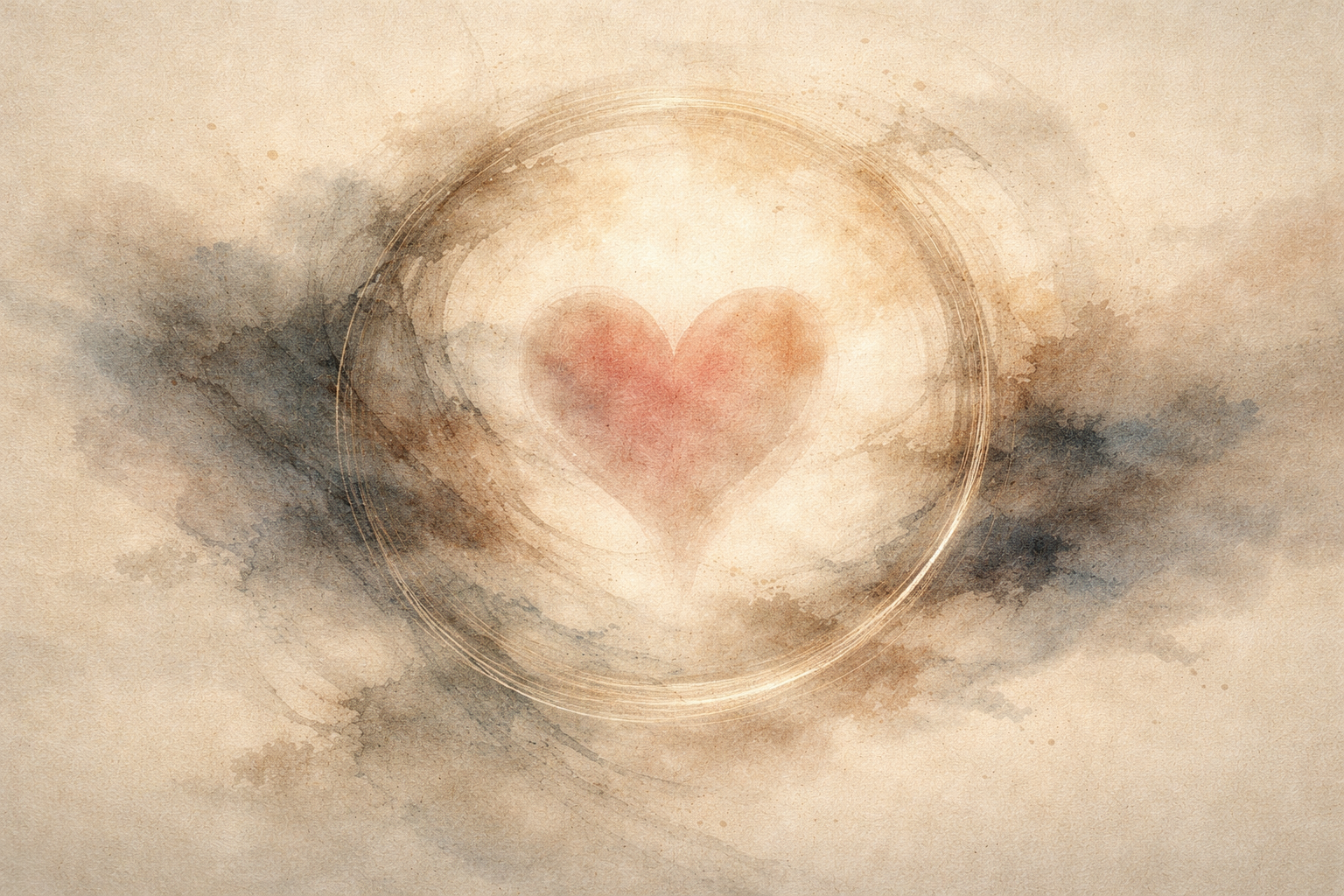 Watercolor-style illustration of a soft red heart encircled by a faint golden ring, surrounded by misty brushstrokes, symbolizing the Buddhist teaching that suffering can be transformed through wisdom and compassion rather than denied or suppressed.