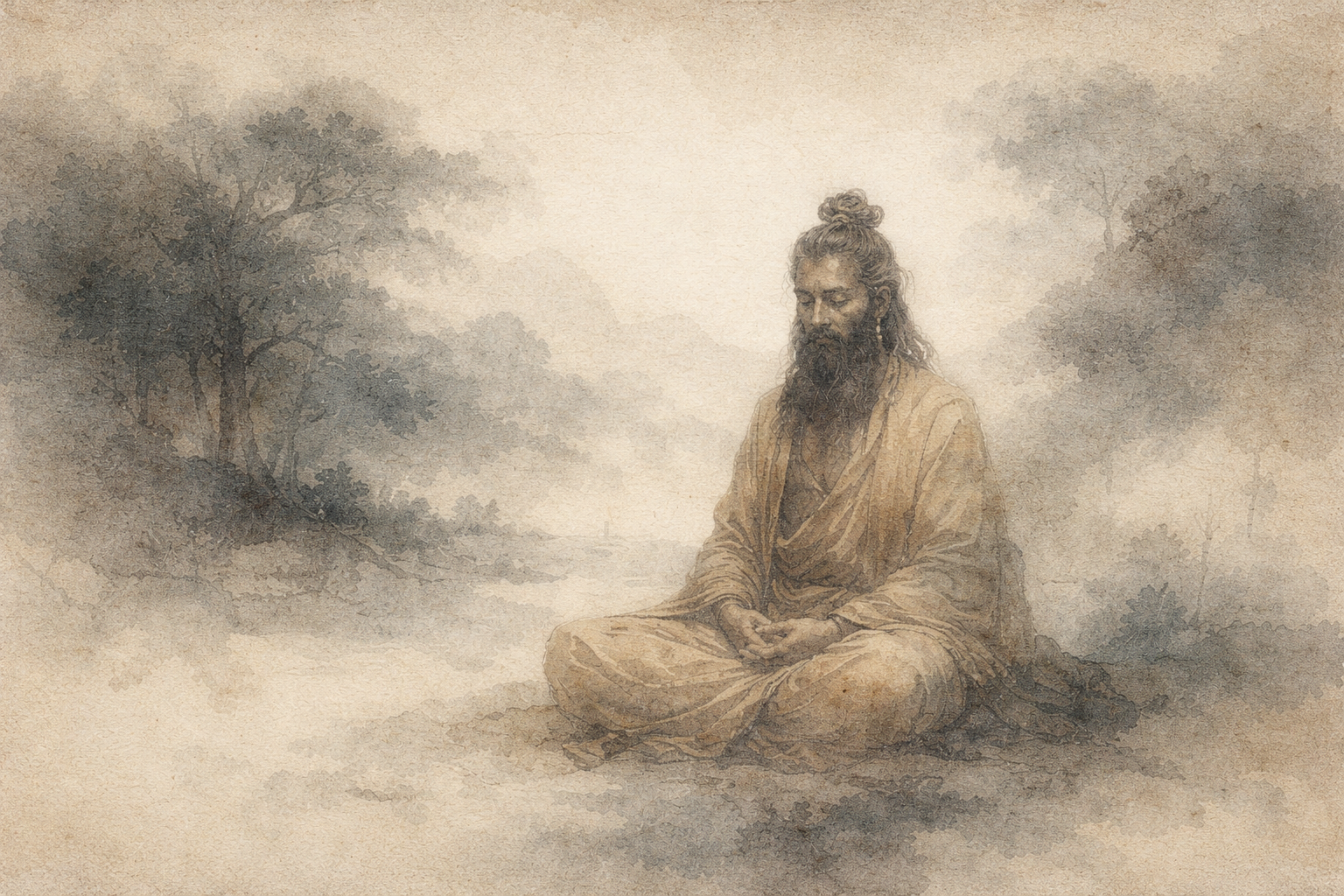 A watercolor-style illustration of a Buddhist monk sitting calmly in meditation in a misty natural landscape, symbolizing reflection and the contemplative meaning of prayer in Buddhism.