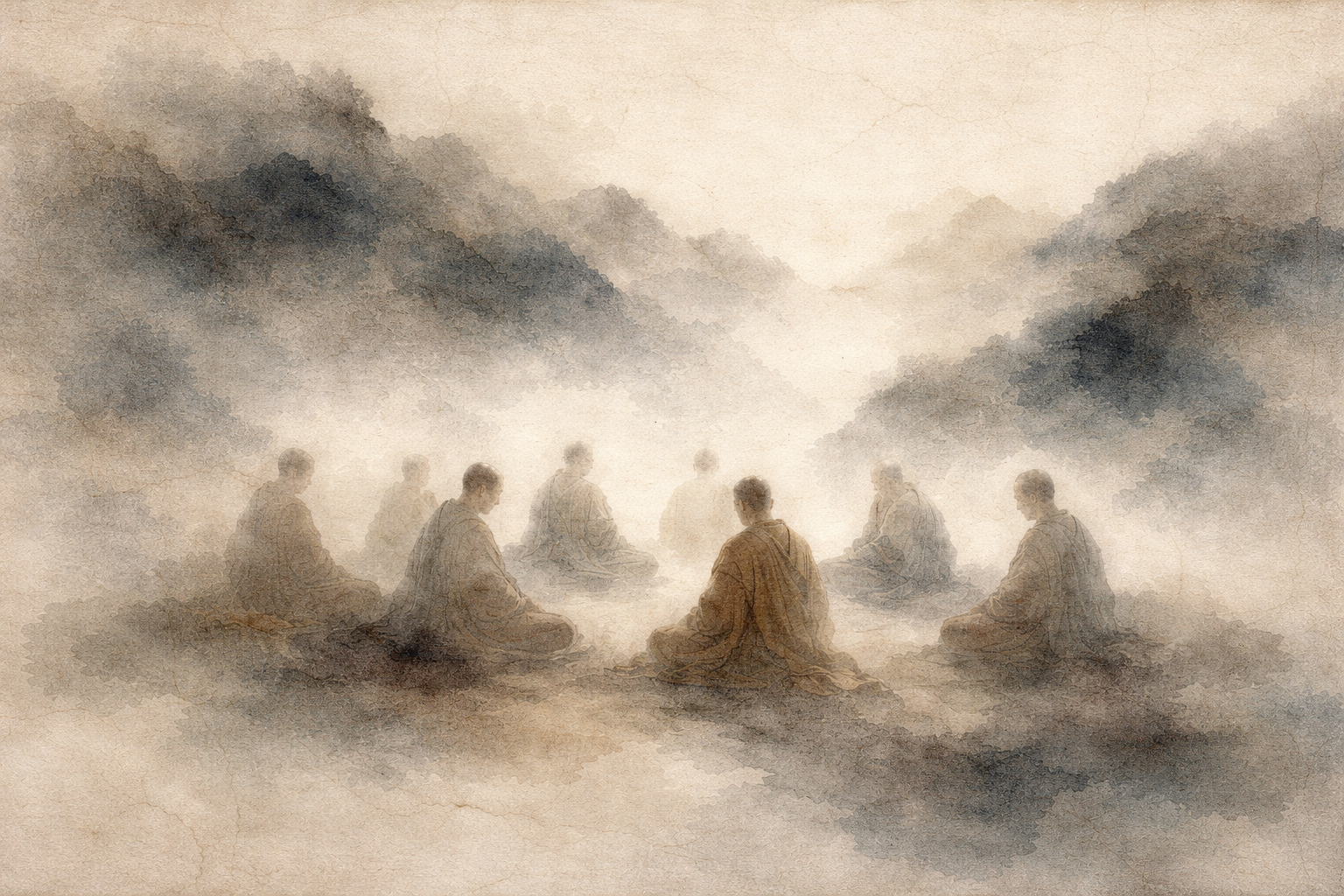 霧に包まれた山々の中で僧侶たちが座禅を組む穏やかな水彩画。執着なしに慈悲は存在できるのかという問いを象徴し、しがみつきのない慈しみという仏教の理想を表している。