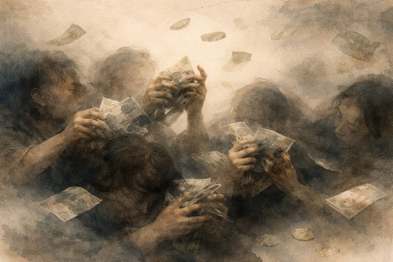 A dramatic watercolor scene of people grasping paper money and coins falling from above, symbolizing attachment, craving, and the question of whether ego can ever be helpful or whether it reinforces self-centered desire.
