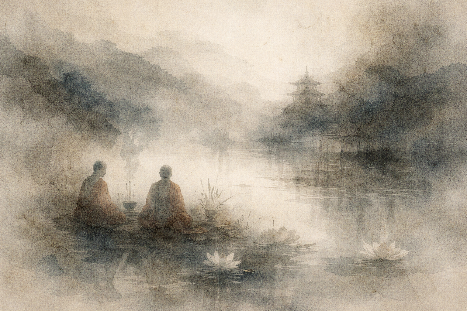 A tranquil watercolor scene of two monks meditating beside a misty lake with lotus flowers and a distant pagoda, symbolizing the possibility of transforming karma through mindful intention and practice.