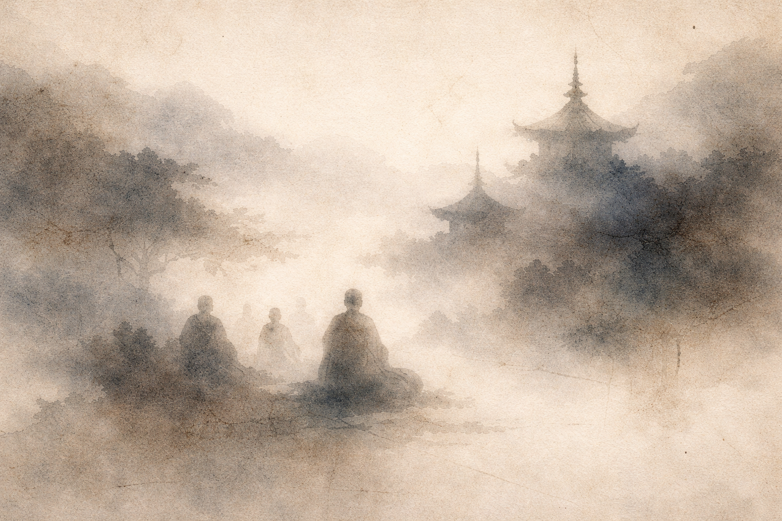 霧に包まれた寺院の塔のそばで僧侶たちが静かに瞑想する水彩風景。悟りと涅槃の実現によって苦が真に終わり得るという仏教の教えを象徴している。