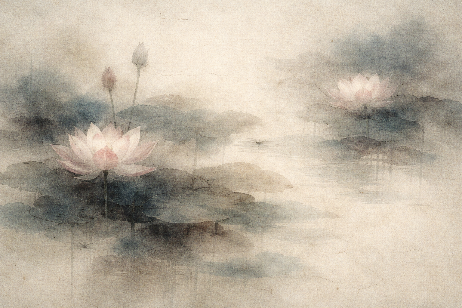 静かな水面に穏やかに咲く蓮の花を描いた柔らかな水彩画。執着や所有欲にとらわれず、純粋な思いやりと開かれた心で愛する在り方を象徴している。