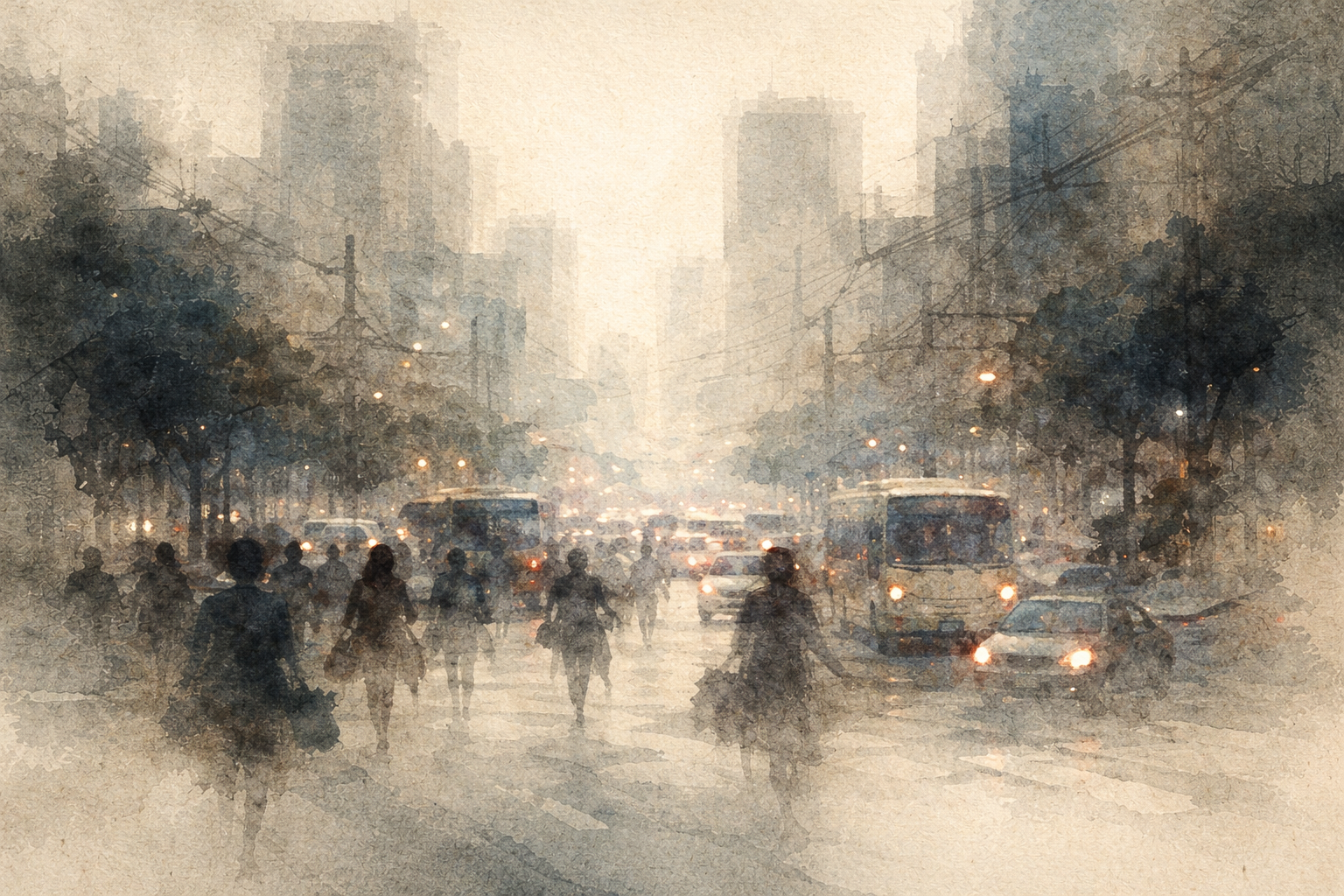 A misty watercolor depiction of a crowded city street filled with pedestrians, buses, and cars beneath tall buildings, symbolizing the Buddhist idea of collective karma and the shared consequences of communal actions.
