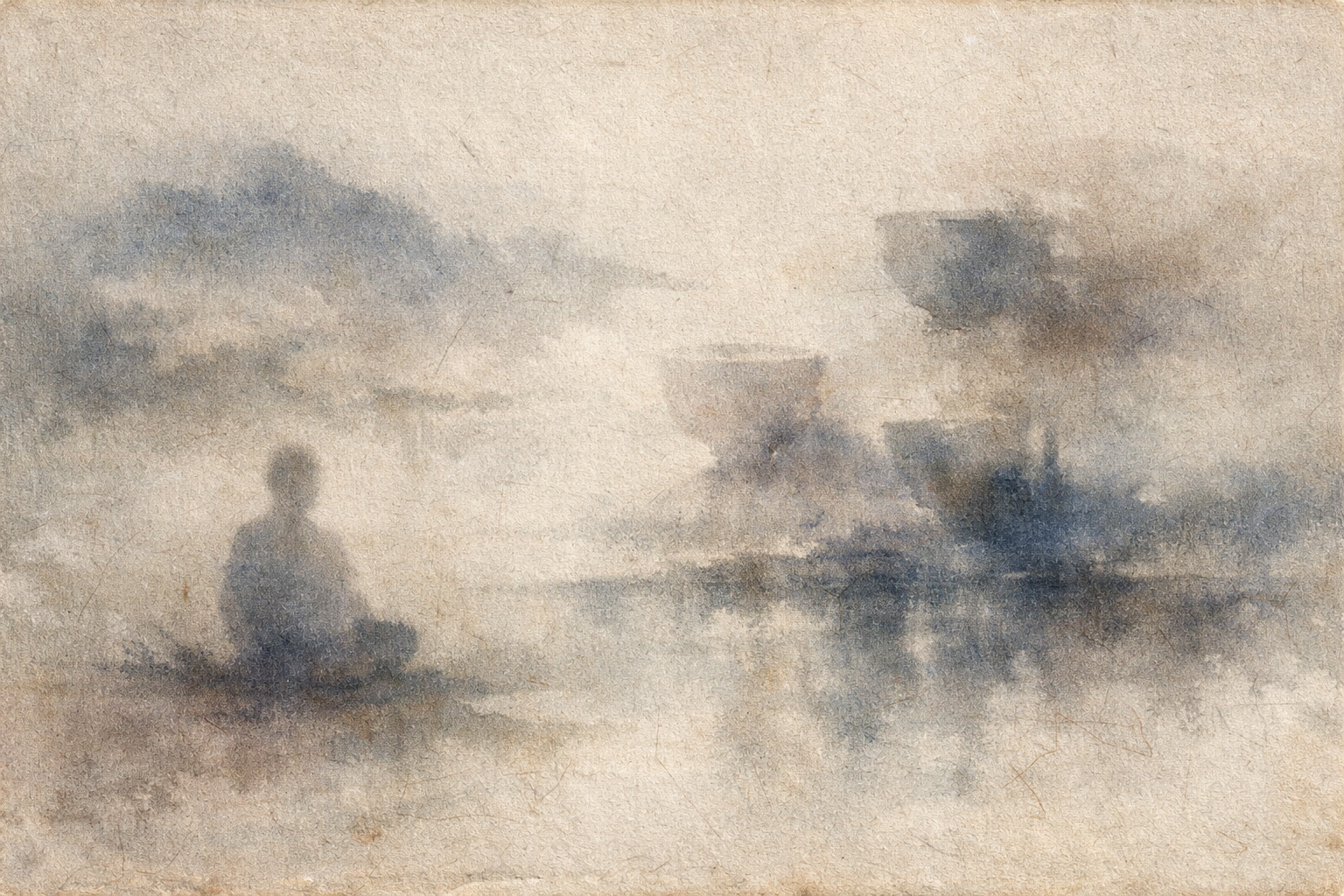霧の湖に映る一人の瞑想者を描いた落ち着いた水彩風景。「空」に対する一般的な誤解と、幻想や混乱を超えた先に現れる繊細な明晰さを象徴している。