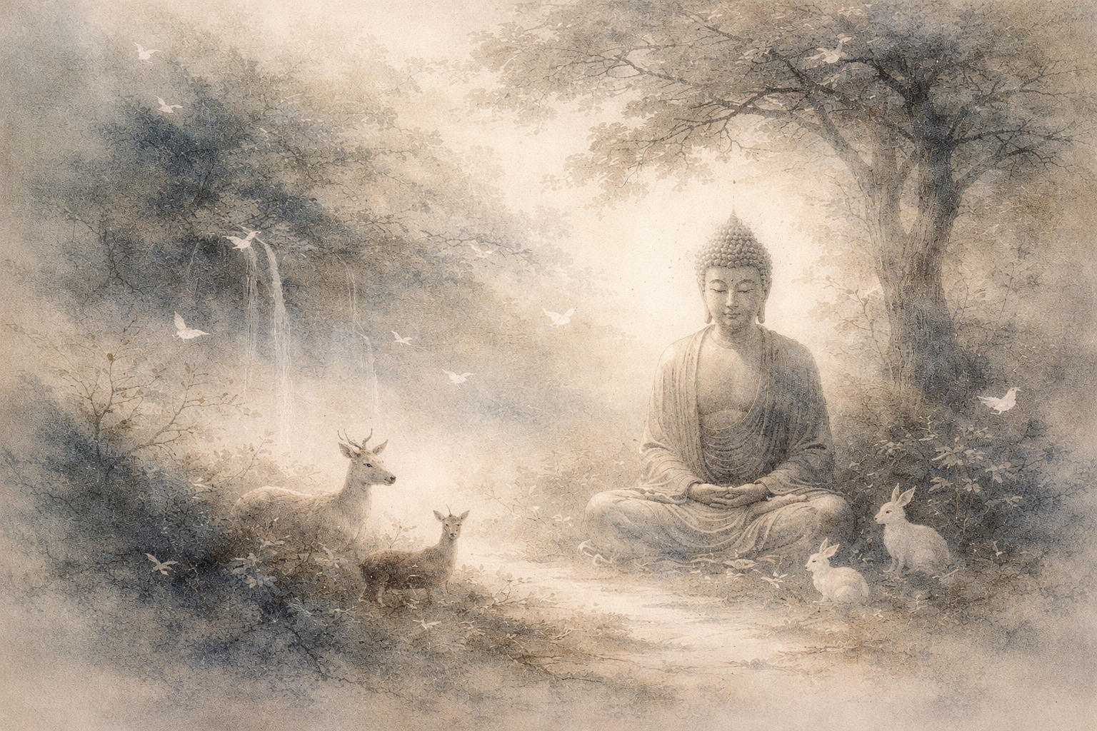 A tranquil watercolor scene of the Buddha seated in meditation beneath a tree, surrounded by deer, rabbits, birds, and a gentle waterfall, symbolizing the harmony of compassion and equanimity together in Buddhist practice.