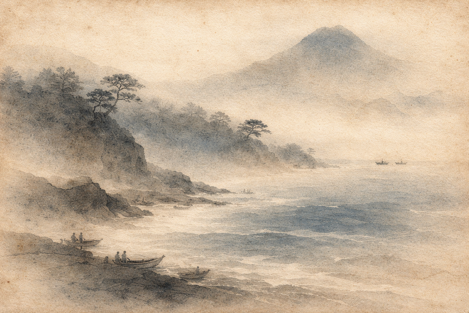 A tranquil watercolor seascape with misty cliffs, distant mountains, and small fishing boats along the shore, symbolizing compassion with healthy boundaries in Buddhism—care that remains steady and grounded, like the shoreline meeting the sea without losing its shape.
