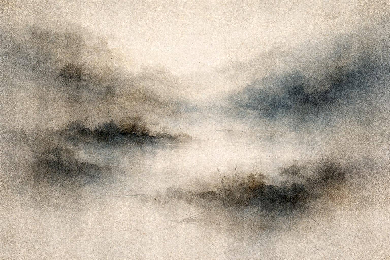 A tranquil watercolor landscape of misty waters and distant mountains, symbolizing the subtle distinction between compassion and empathy in Buddhism—empathy feeling another’s pain, and compassion responding with the intention to relieve it.