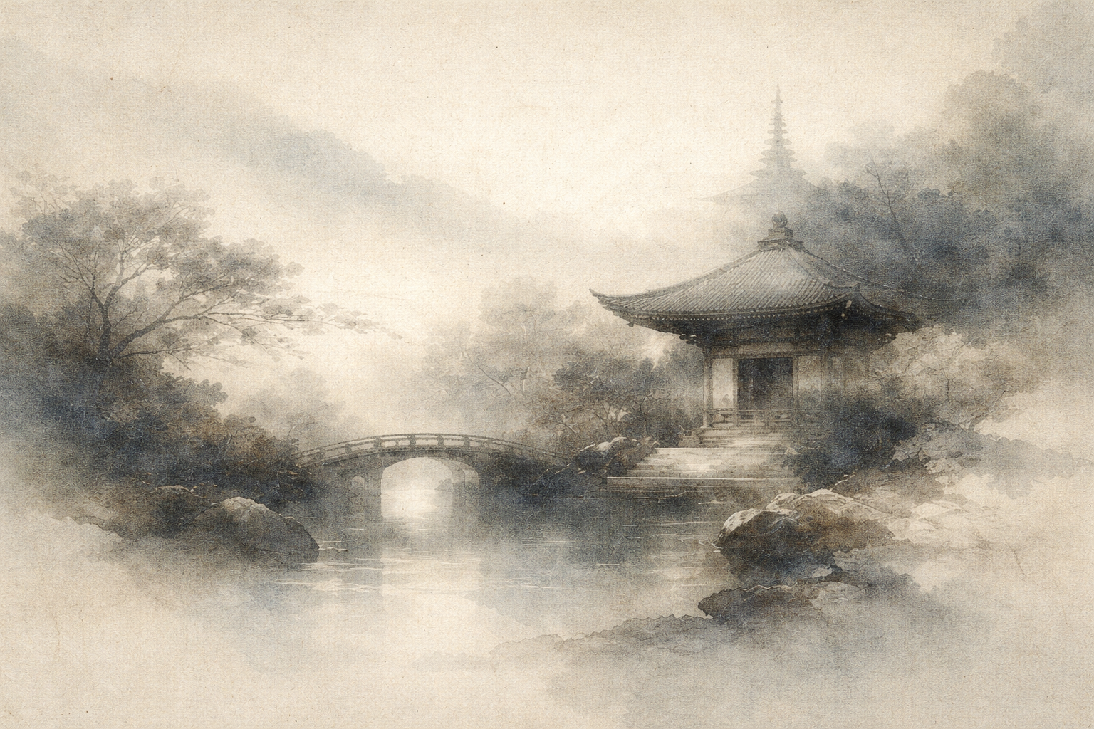 霧に包まれた静かな水辺に佇む伝統的な寺院のあずまやとアーチ橋を描いた水彩風景。仏教における慈悲（カルナ）と慈愛（メッタ）の違いを象徴しており、慈悲は苦しみに応答する心、慈愛はすべての存在の幸福を願う心であることを表している。