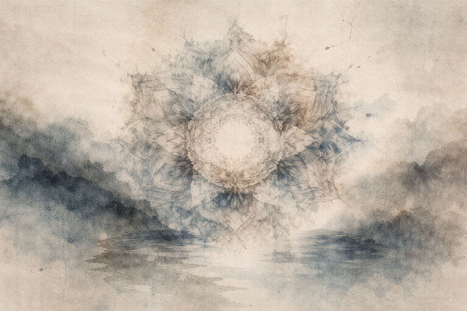 An abstract mandala-like wheel emerging from a misty landscape, symbolizing the Dharma Wheel and the cyclical teaching of the Buddha.