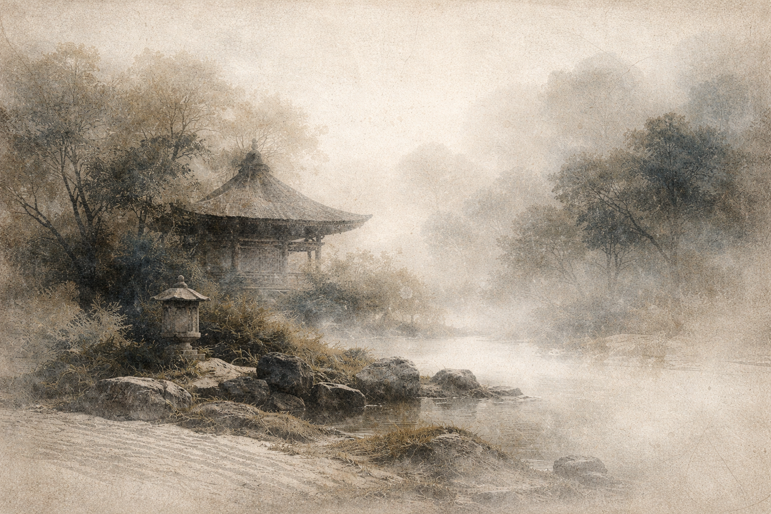 A quiet pagoda beside a misty lake surrounded by trees, symbolizing Emperor Ashoka’s policy of religious tolerance and harmony among different traditions.