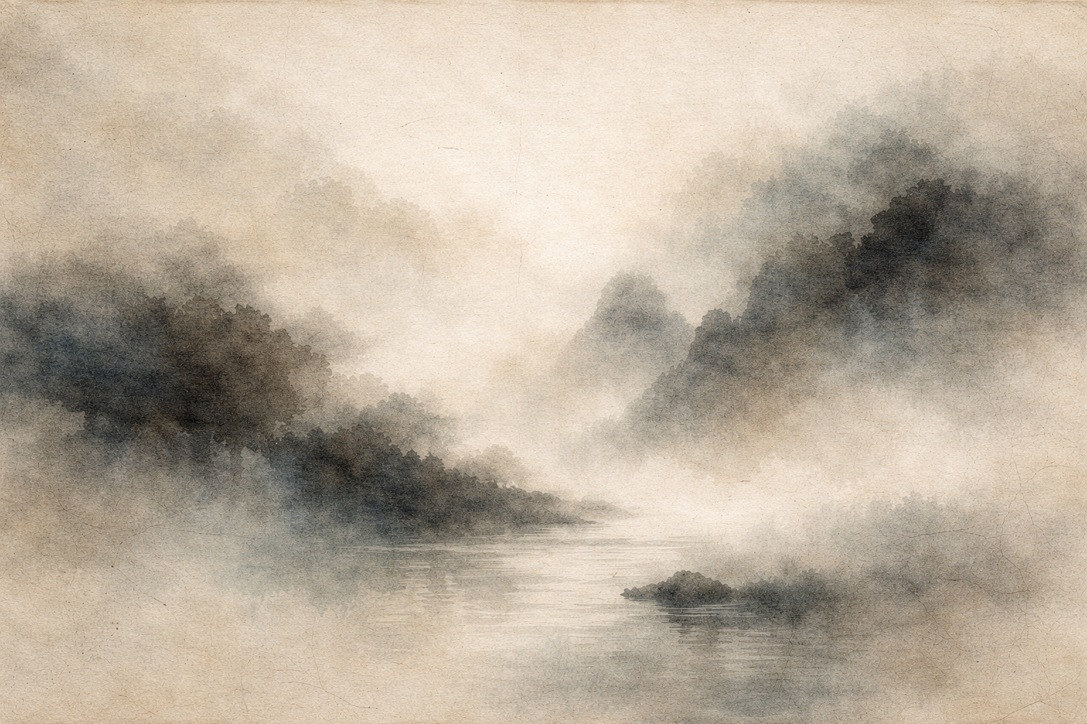 霧に包まれた山々と静かな水面が広がる風景。仏教と古代ギリシャ世界の間にあったかもしれない文化交流を象徴している。