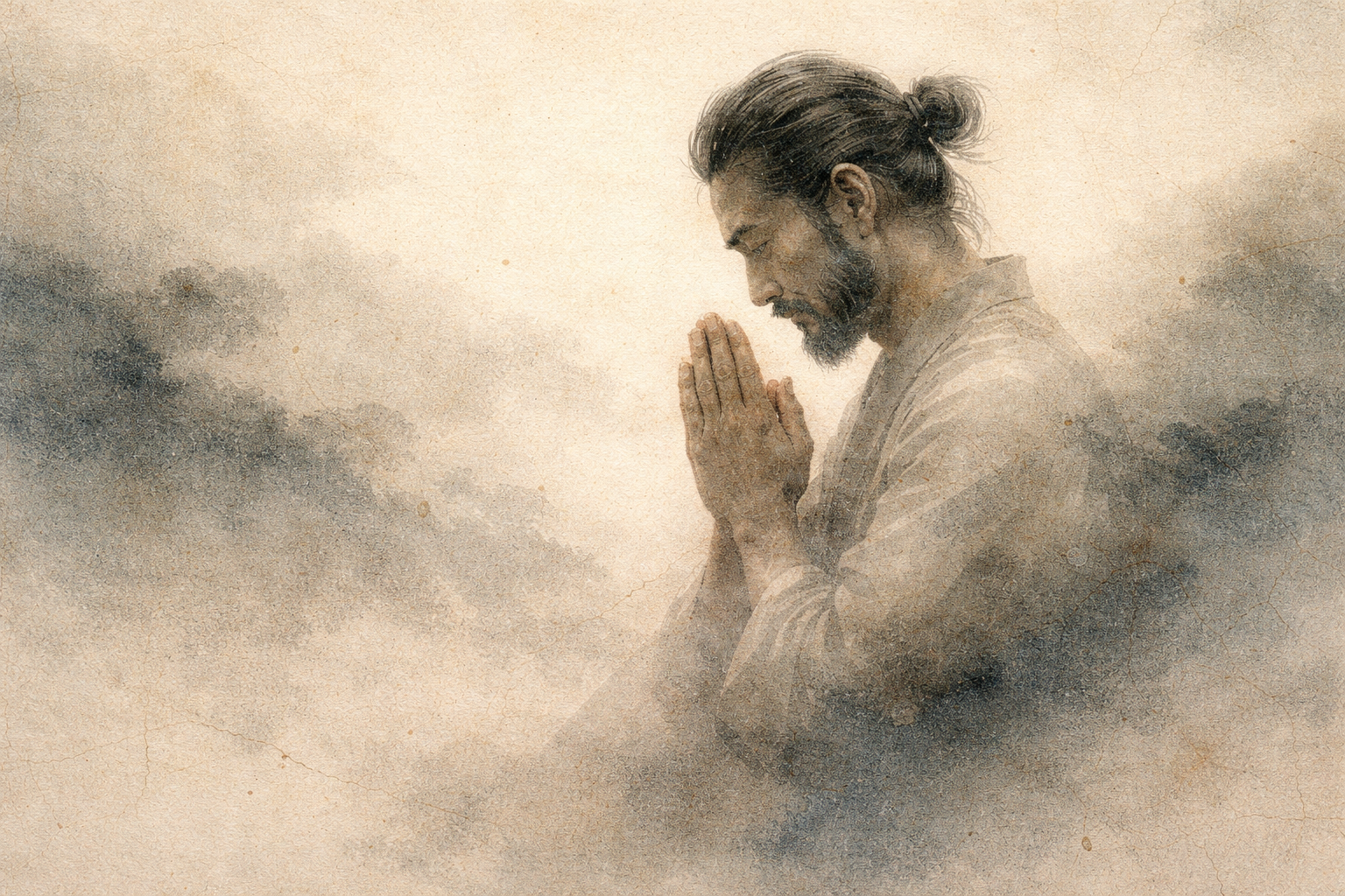A contemplative figure with hands in prayer emerging from soft mist, symbolizing the historical debate about possible connections between Buddhism and early Christianity.