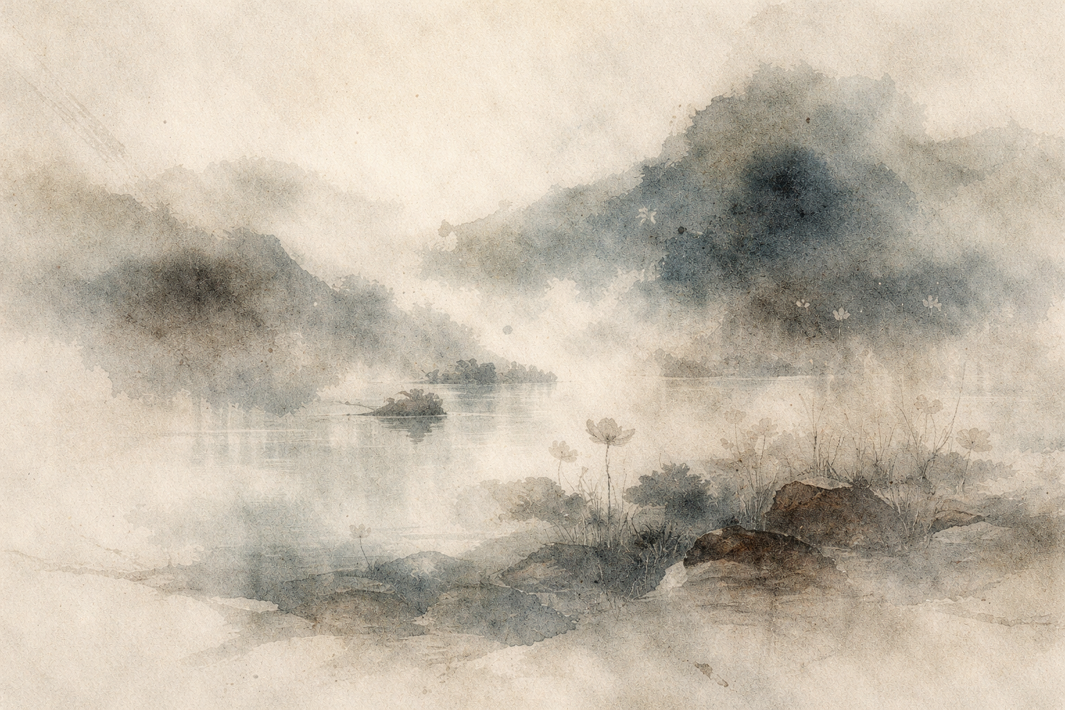 A calm watercolor landscape with misty mountains, still water, and delicate plants near the shore, symbolizing quiet reflection and the analytical clarity associated with Dignāga and the development of Buddhist logic.