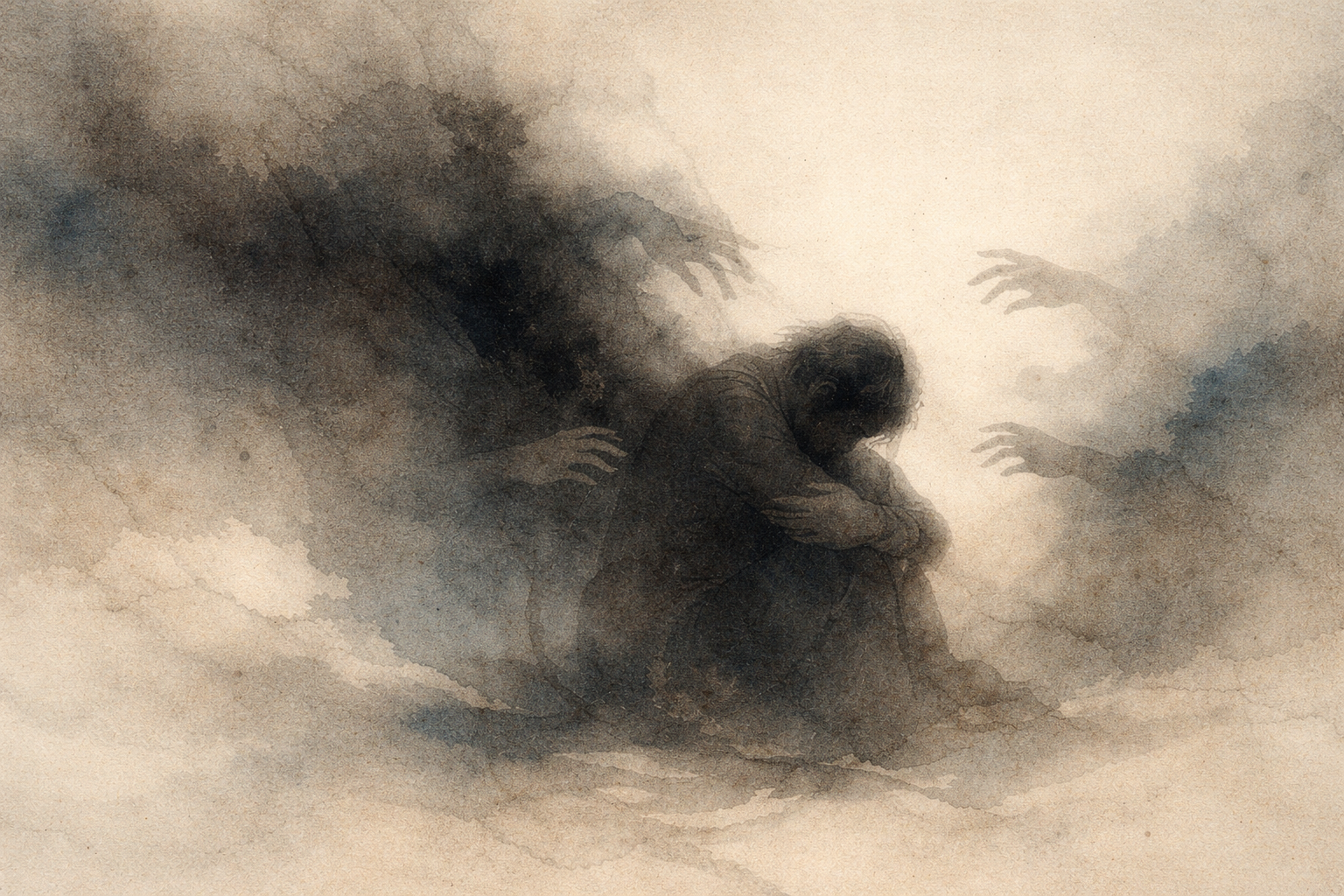 A dark watercolor-style illustration of a person sitting in despair while shadowy hands reach toward them from the surrounding mist, symbolizing the Buddhist concepts of suffering and the mental states associated with hell realms.