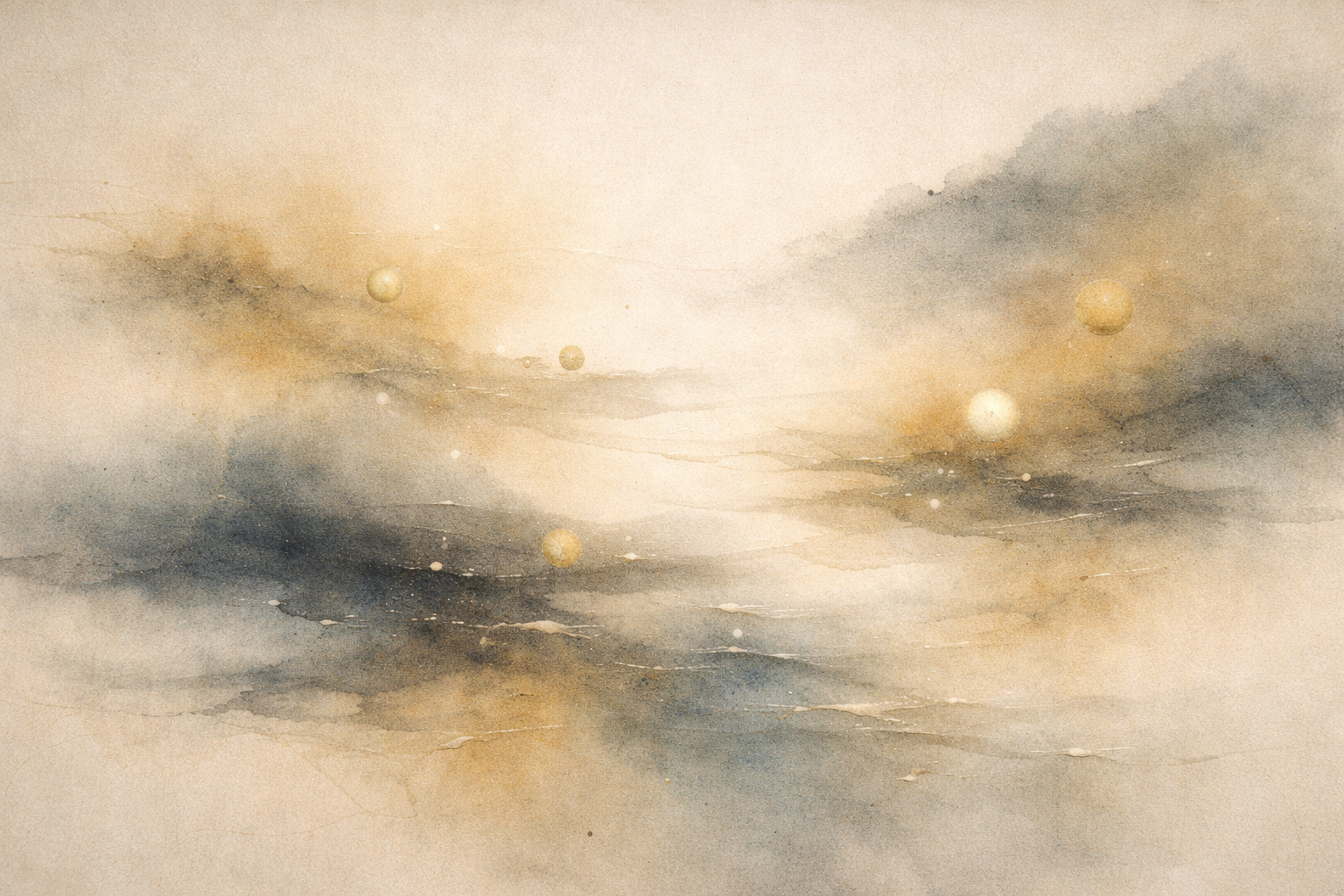 Soft abstract watercolor landscape in muted gold and gray tones with floating light orbs over a misty horizon, symbolizing reflection and balance around the question of vegetarianism in Buddhism.