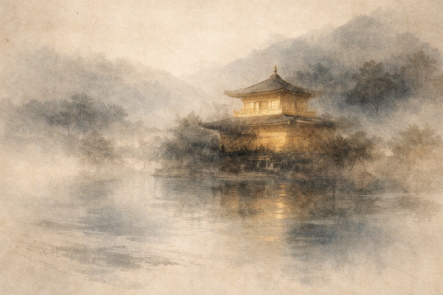 Soft watercolor illustration of a glowing temple pavilion reflected in a misty lake, symbolizing that one can follow the Buddhist path without becoming a monk.