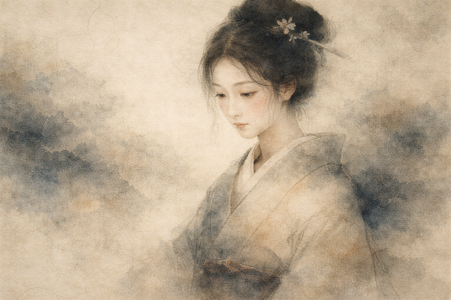 物思いにふけるように視線を落とした伝統的な装いの女性を描いた柔らかな水彩画。仏教修行において師が必要かどうかを静かに考える姿を象徴している。