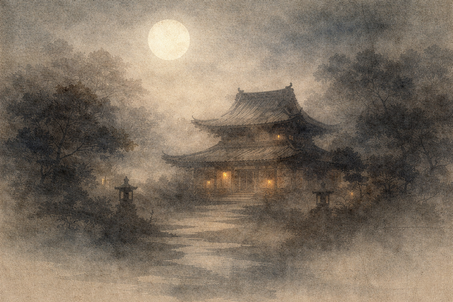 Traditional Buddhist temple glowing softly under a full moon in a misty forest, symbolizing reflection on whether Buddhism believes in God.