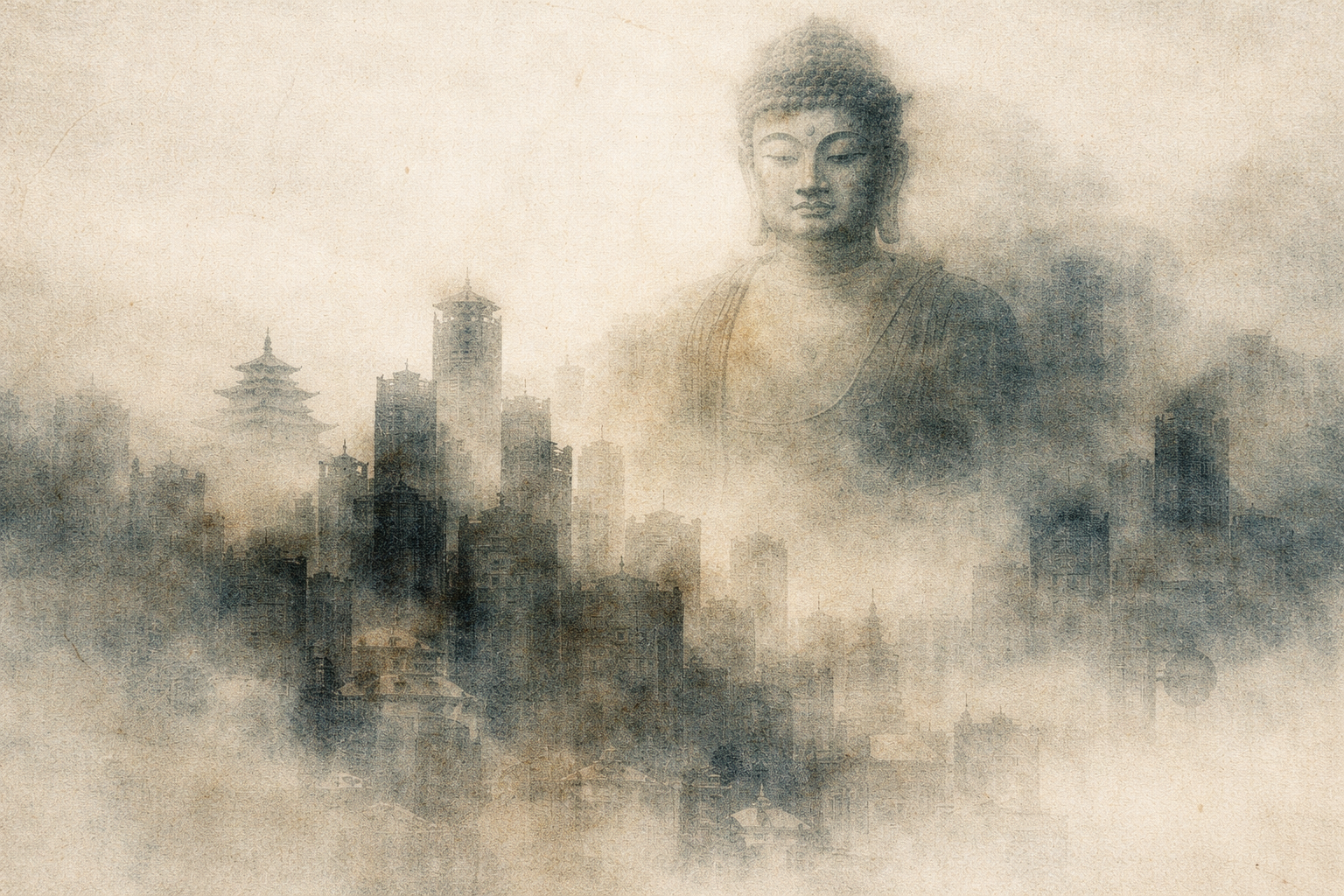 Watercolor-style illustration of a serene Buddha figure emerging above a misty modern city skyline, symbolizing the question of whether Buddhism rejects ambition or instead teaches mindful, balanced goals within everyday life.