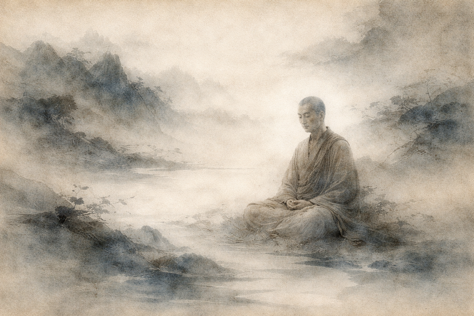 A watercolor-style scene of a Zen monk sitting in meditation beside a calm lake, surrounded by misty mountains and quiet nature, symbolizing the deep practice of zazen and the teachings of Dōgen, founder of the Soto Zen tradition.