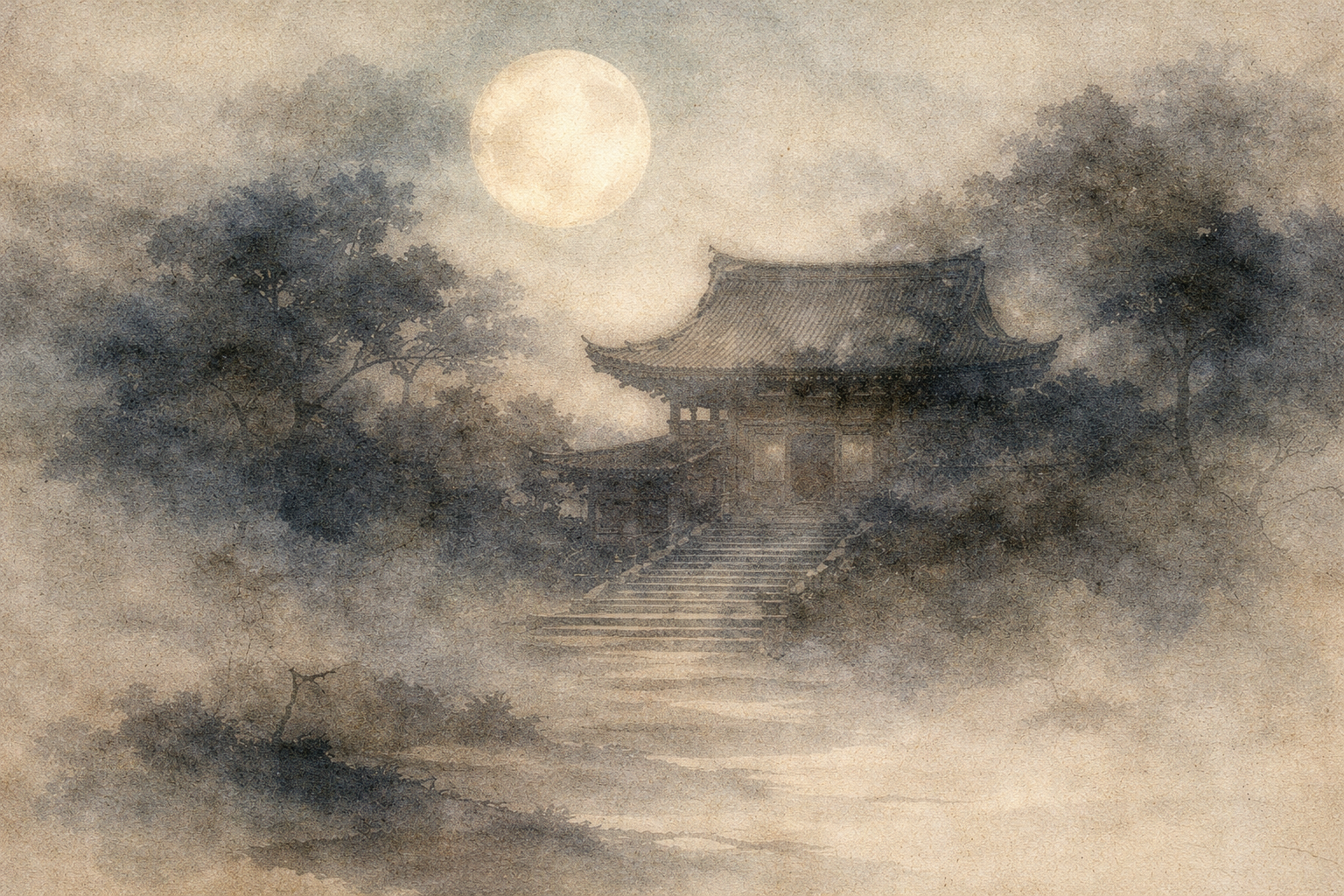 A misty watercolor illustration of a traditional Buddhist temple beneath a full moon, partially veiled by drifting clouds, symbolizing ego and identity in Buddhist thought and the gradual unveiling of deeper awareness beyond constructed self-identity.