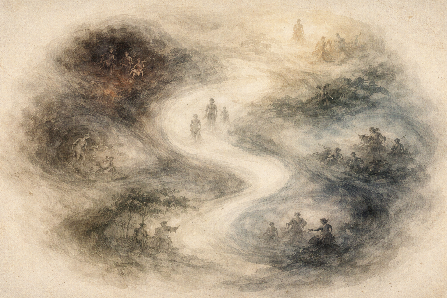 A symbolic watercolor illustration of a winding path surrounded by contrasting scenes of light and shadow, representing the difference between ego and pride in Buddhist thought and the inner journey between self-centered identity and mindful awareness.