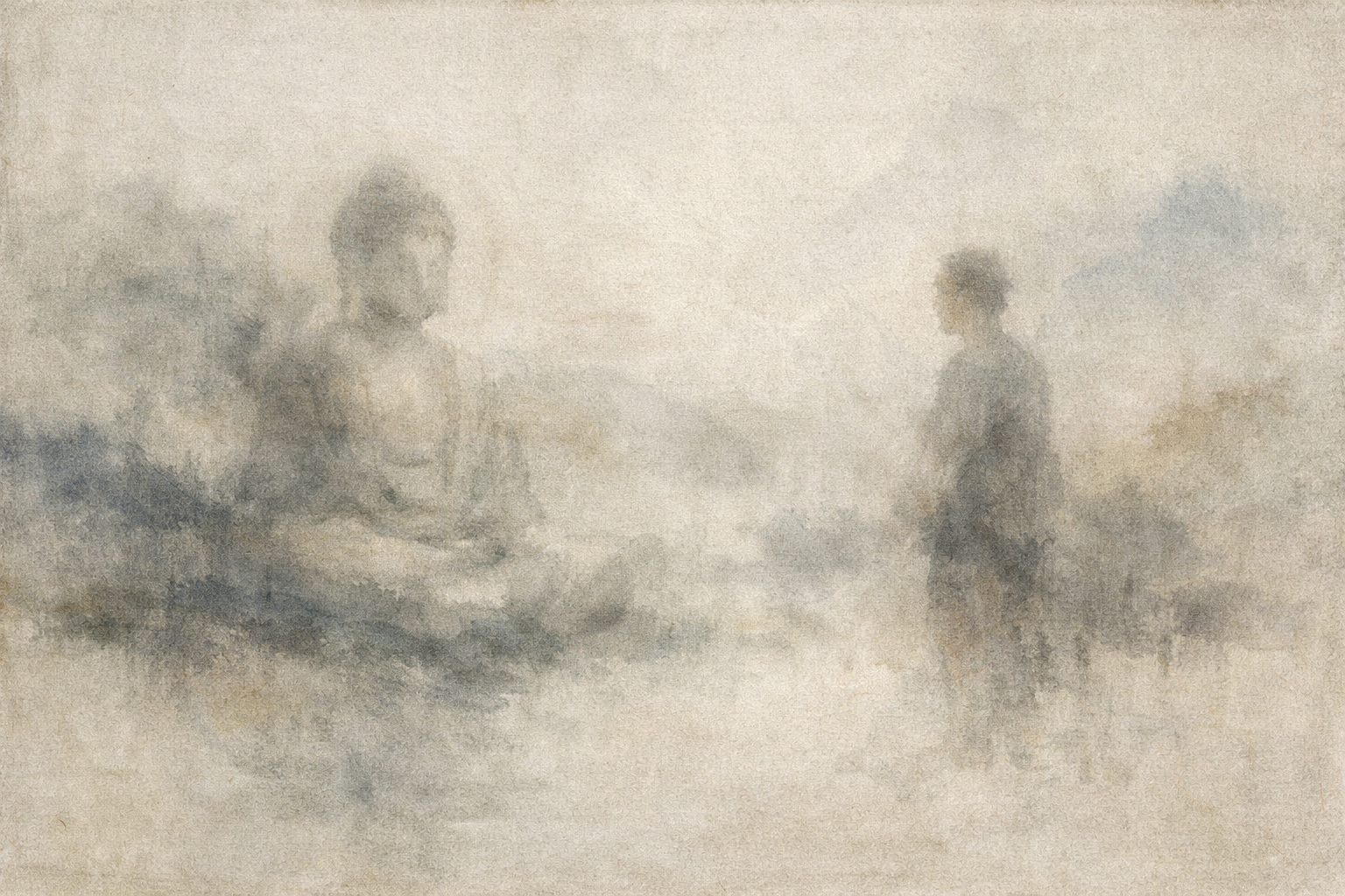 霧に包まれた風景の中で、座る仏陀と向かい合う立つ人物を描いた柔らかな水彩画。仏教におけるエゴと自己の違い、そして固定されたアイデンティティへの執着から無我への気づきへと向かう過程を象徴している。