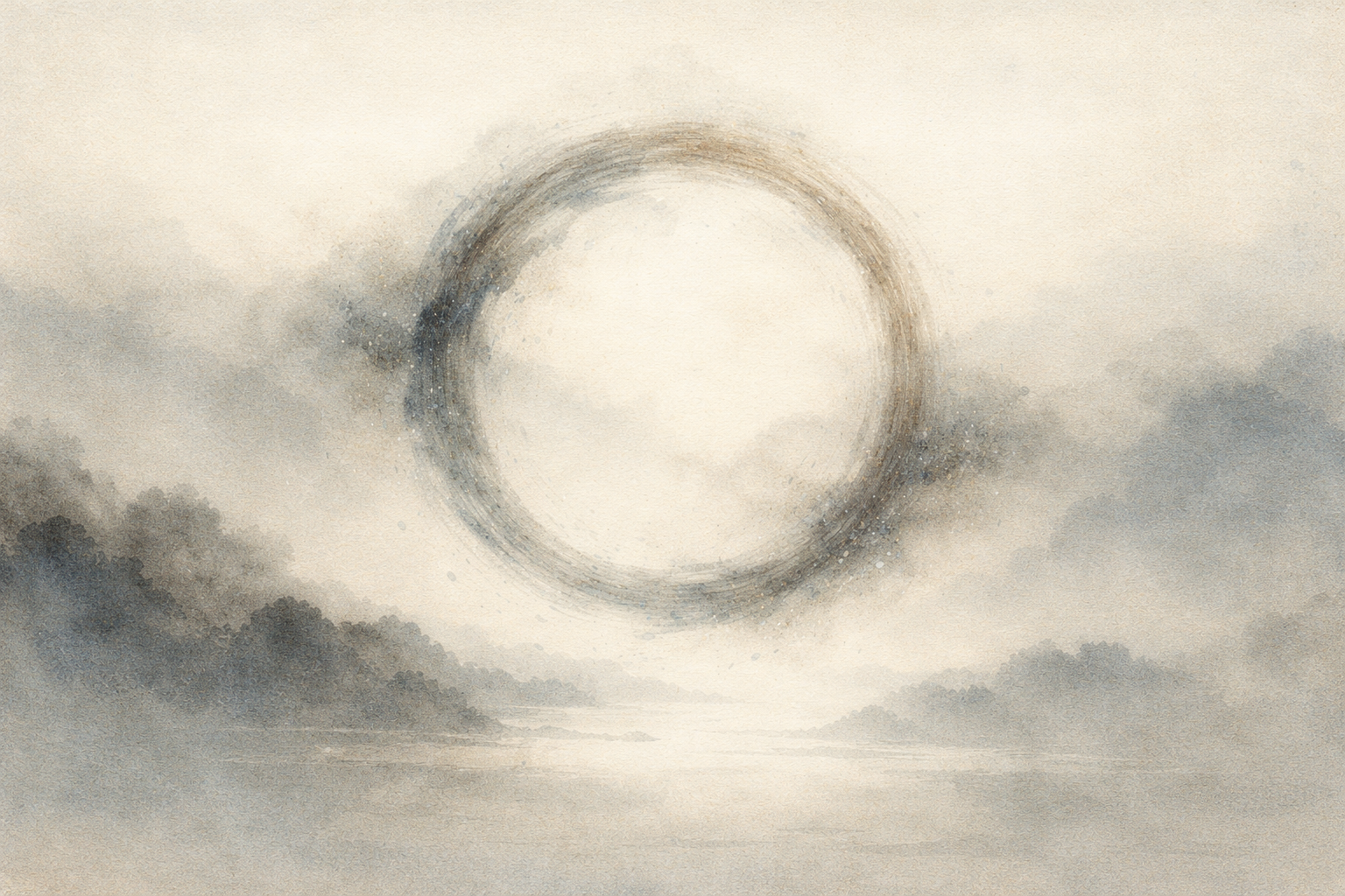 霧に包まれた山と水の上に禅の円相（えんそう）が浮かぶミニマルな水彩風景。相互に結びついた条件から立ち現れる動的な全体性としての「空」と「相互依存」を象徴している。
