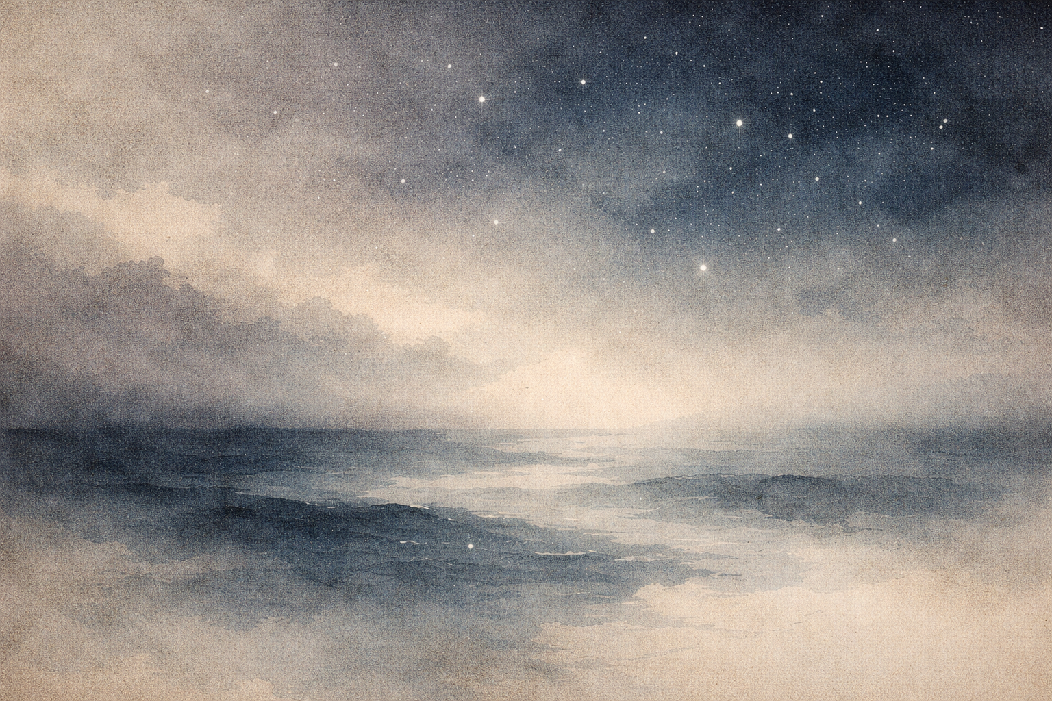 星が輝く夜空の下に広がる静かな海を描いた穏やかな水彩風景。固定された概念を超えた広がりのある気づきと相互依存の現実としての、禅と中観哲学における「空」を象徴している。