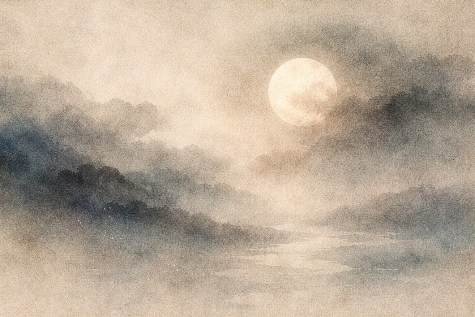 A tranquil watercolor landscape of a full moon glowing above misty mountains and a quiet river, symbolizing emptiness vs nothingness as luminous interdependence rather than blank absence.