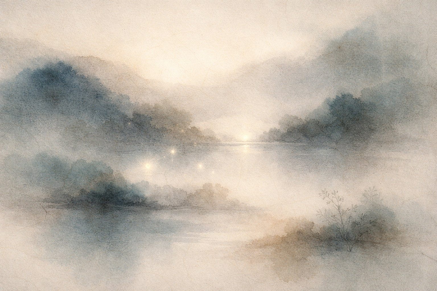 A tranquil watercolor landscape of a still lake at sunrise with soft mountains and gentle light reflected on the water, symbolizing the relationship between equanimity and compassion—steady inner balance that allows warm, responsive care to arise naturally.