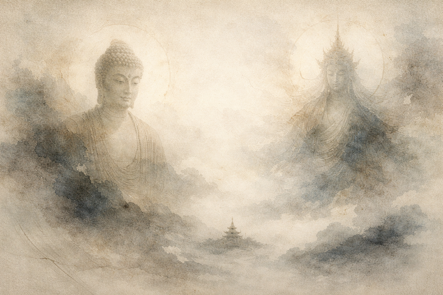 霧の中から静かに現れる二つの仏教的な尊像と、その下に小さく見える寺院を描いた柔らかな水彩画。禅と上座部仏教における平静心の共通点と、それぞれの伝統における異なる表現を象徴している。