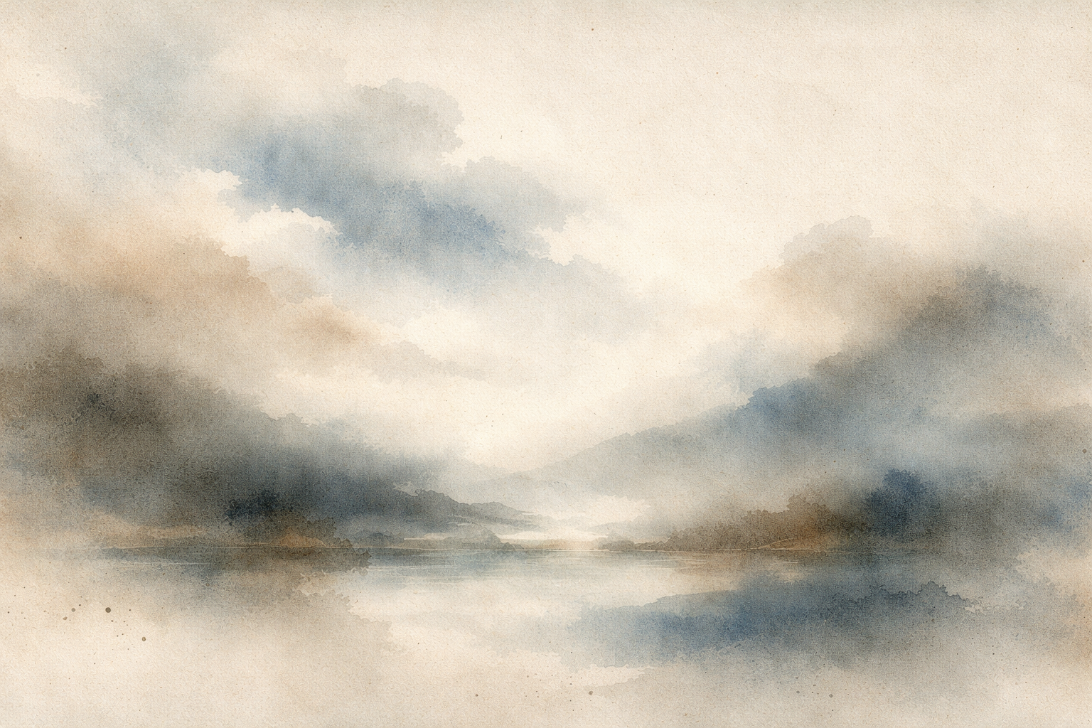 A calm watercolor landscape of a still lake reflecting distant mountains and soft clouds, symbolizing the subtle difference between equanimity and indifference—steady inner balance versus emotional detachment.