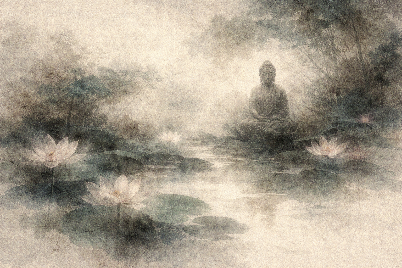 Soft watercolor illustration of a Buddha statue seated peacefully among lotus flowers on a misty pond, surrounded by gentle trees and fading light, symbolizing solitude, reflection, and quiet reassurance on the spiritual path.
