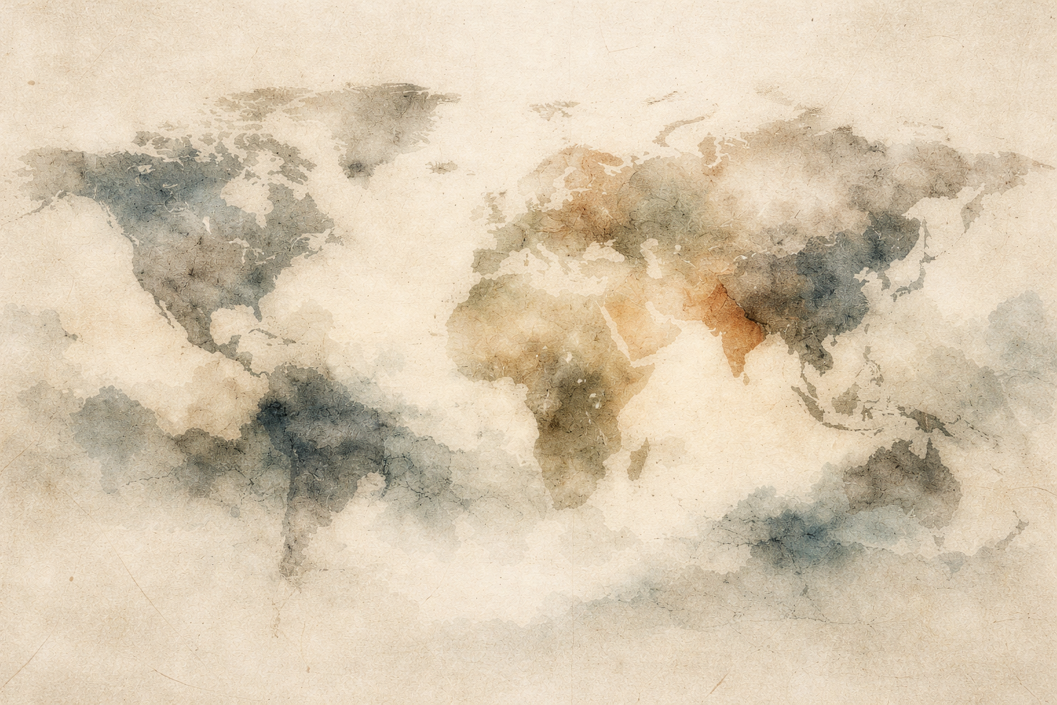 A watercolor world map highlighting South Asia and Central Asia, symbolizing Gandharan Buddhism where Eastern Buddhist traditions met Hellenistic influences along the Silk Road.