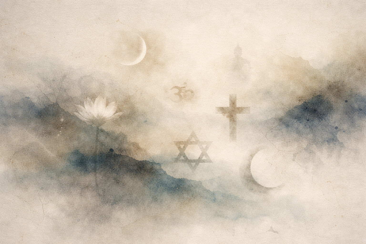 Soft misty landscape with symbols of different religions—lotus, Om, cross, Star of David, and crescent—representing the cultural and spiritual blending seen in Greco-Buddhist history.