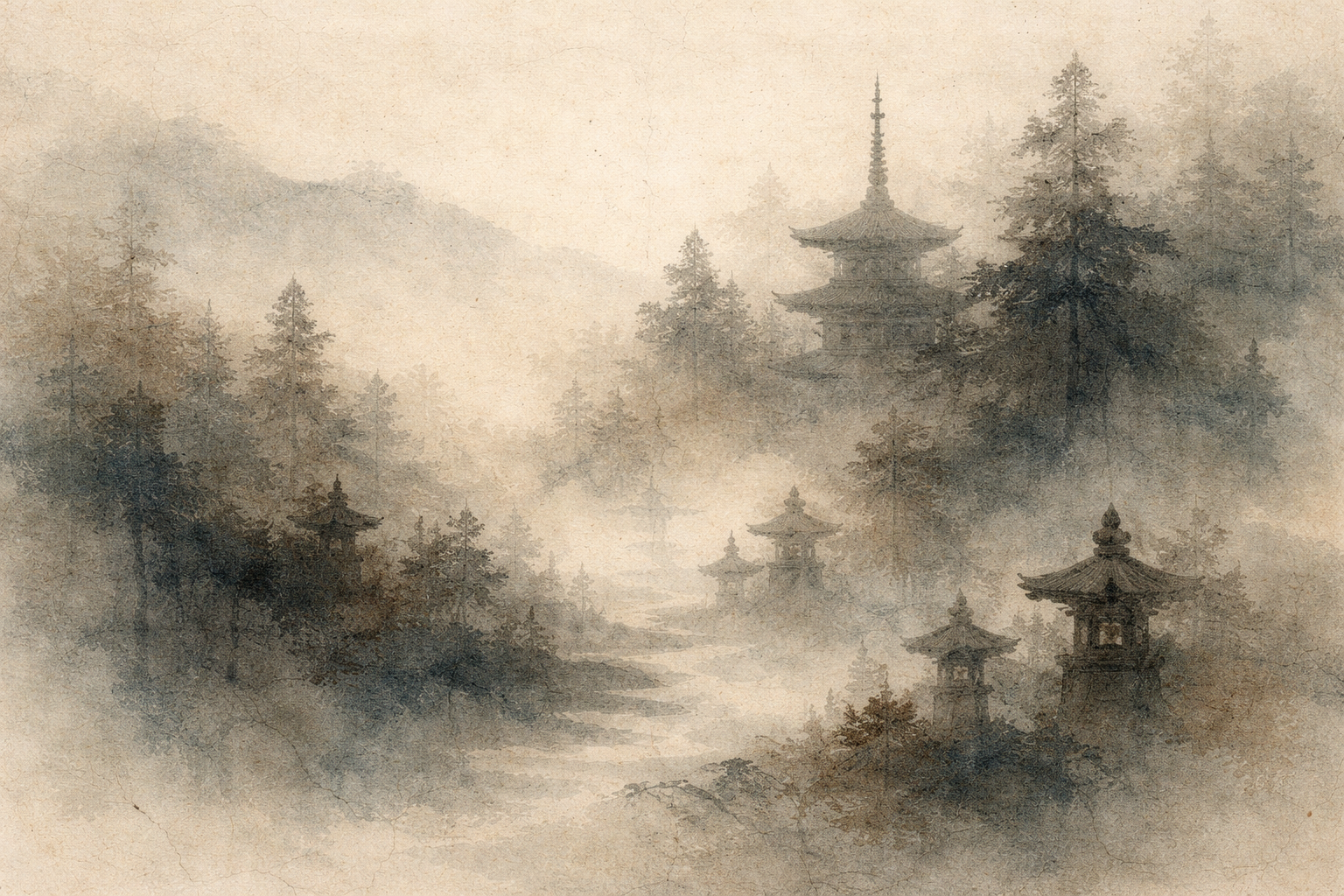 Misty mountain landscape with traditional Buddhist pagodas and temples emerging through forest and fog, evoking the quiet, contemplative atmosphere of East Asian Buddhism.