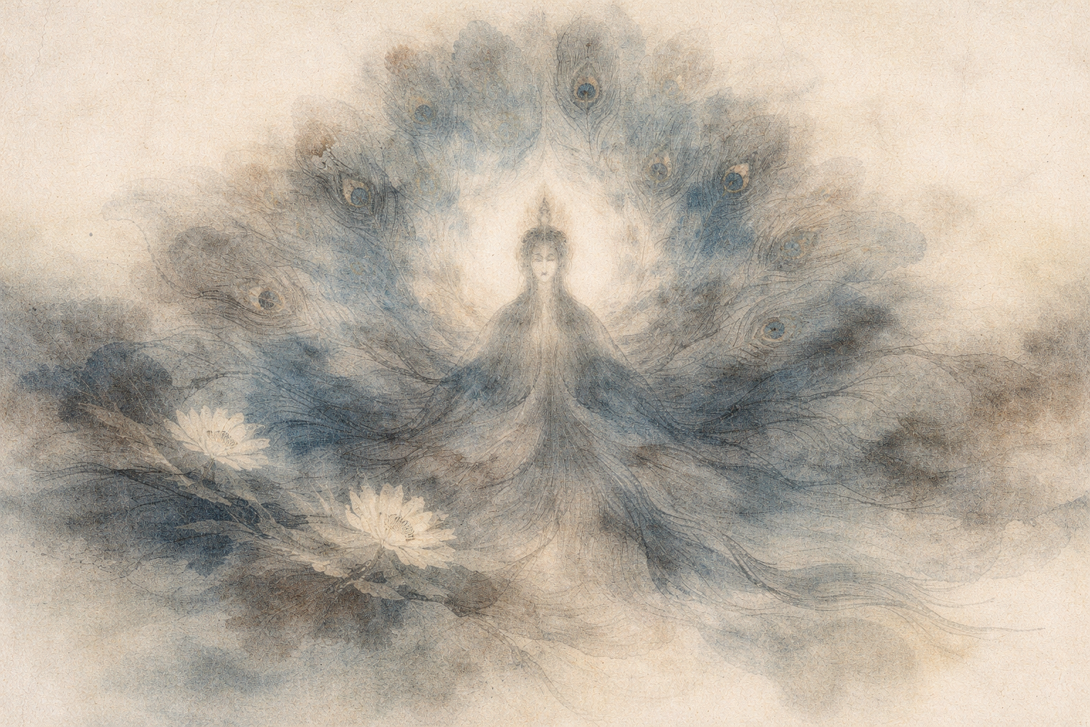 Ethereal Buddhist bodhisattva figure surrounded by peacock-like flowing forms and lotus flowers, symbolizing the spiritual beauty and long history of Buddhism from ancient origins to the present.